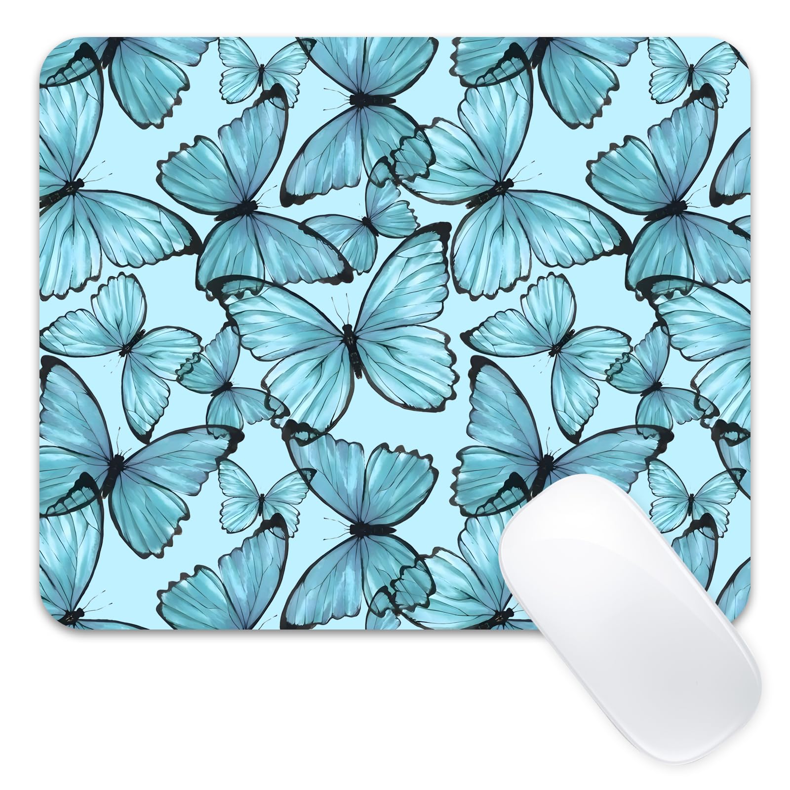 Stanoha Cute Mousepad Computer Blue Kawaii Cool Mousepad Aesthetic Girly Butterfly Women Design Kids Girls Teen Pretty Modern Decorative Art Small Office MouseMat for Laptop