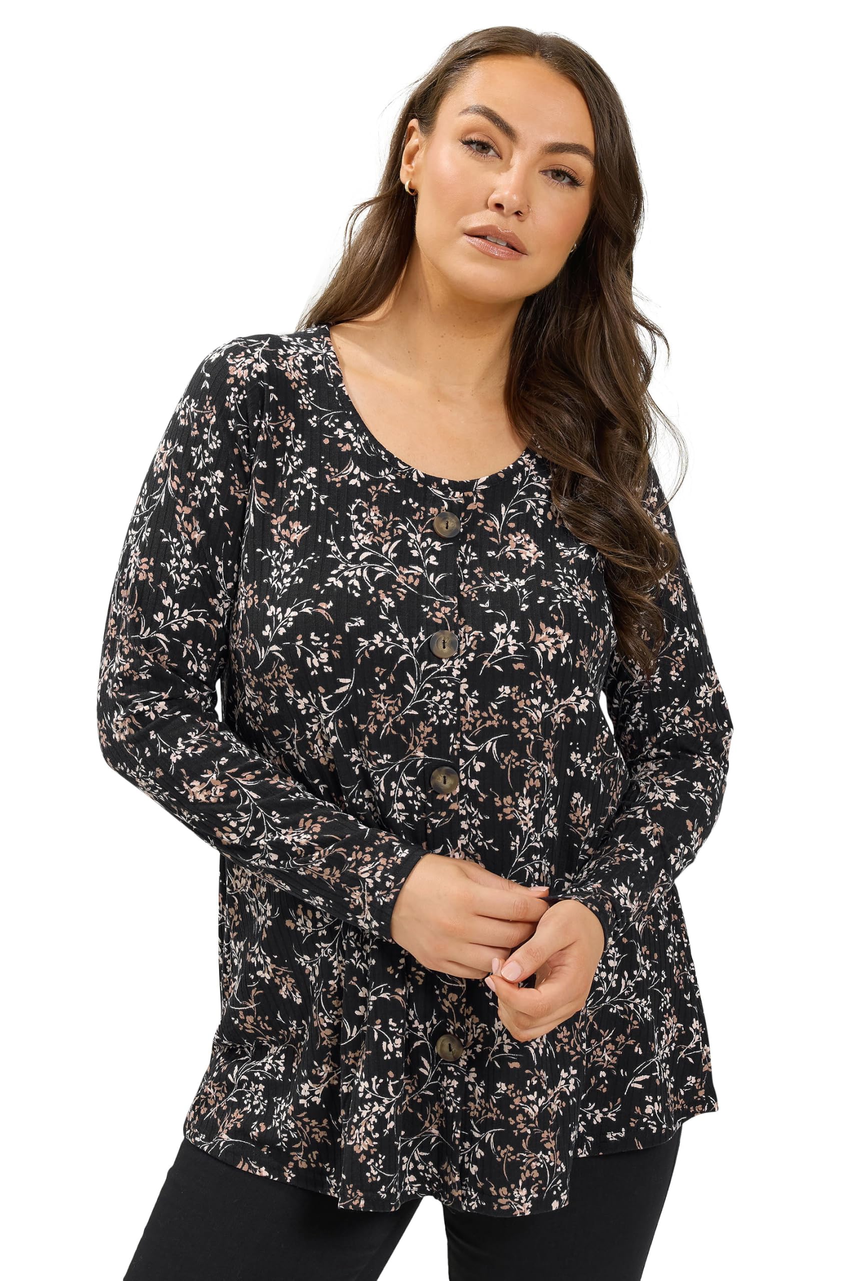 Yours Women's Black Floral Ribbed Button Top In Size 26-28