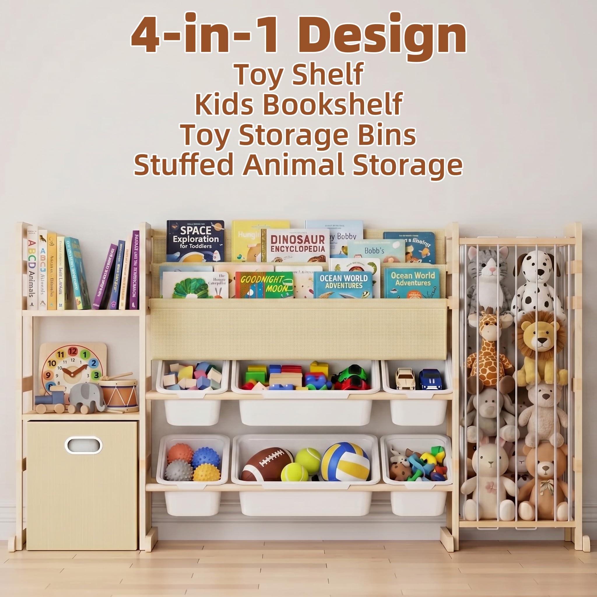 Spielzeug-Aufbewahrungs-Organizer mit Bücherregal und Stofftier-Aufbewahrung – Kinderspielzimmer-Organisation mit Regalen und 7 Spielzeugbehältern, 4-in-1 Kleinkind-Bücherregal aus Montessori-Holz