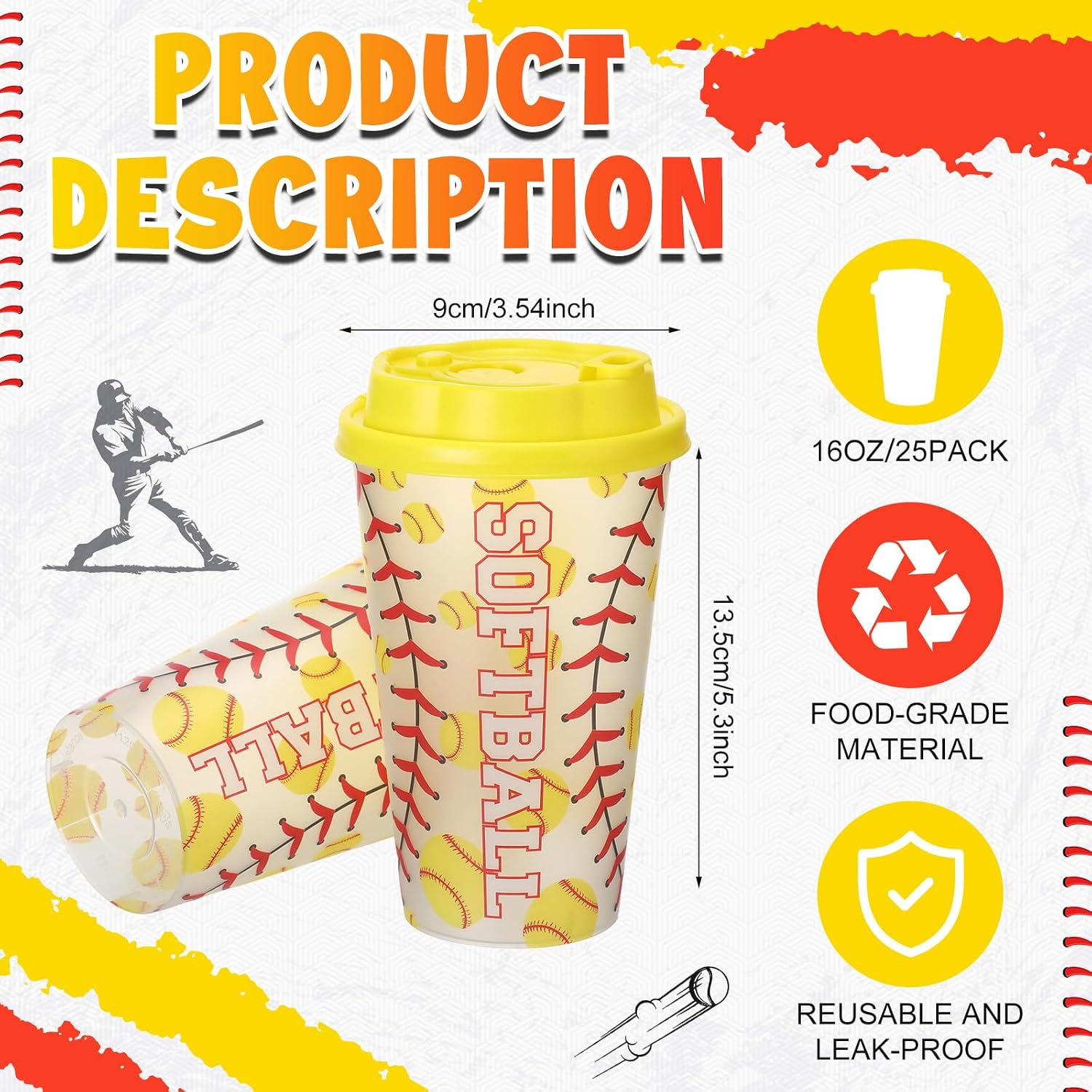 Softball Gifts for Team Includes 25 Pcs Softball Cups with Lids and Straws, Softball Party Favors Supplies 16oz Plastic Party Cups for Softball Party Decorations Birthday Team Gathering