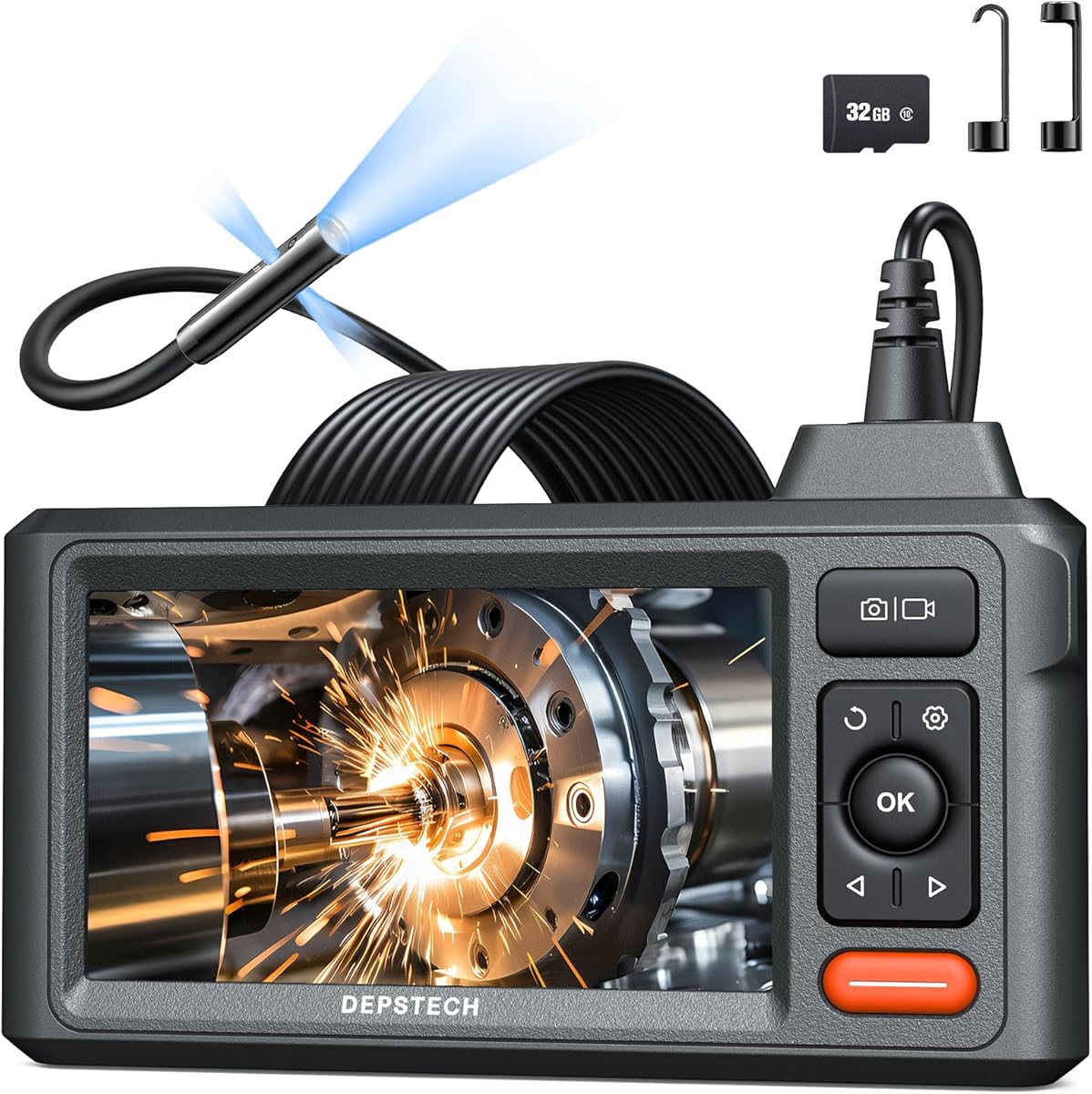 DEPSTECH Triple Lens Inspection Camera, 5" Display HD Endoscope with Light, 5m Flexible Waterproof Snake Camera Cable, Industrial Borescope for Car, Wall, Drain Pipe, Plumbing, Home Inspection