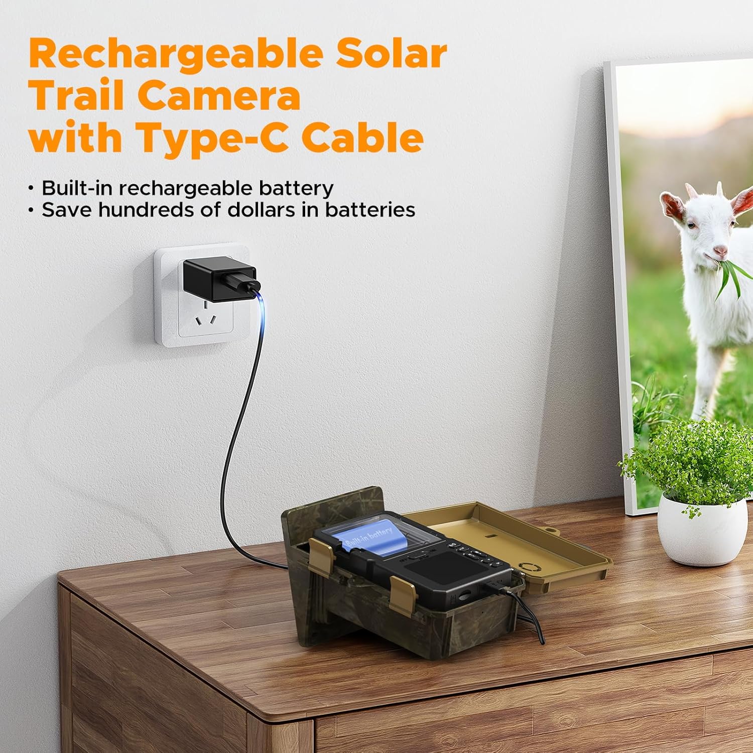 VOOPEAK Solar Trail Camera being charged via a Type-C cable indoors.