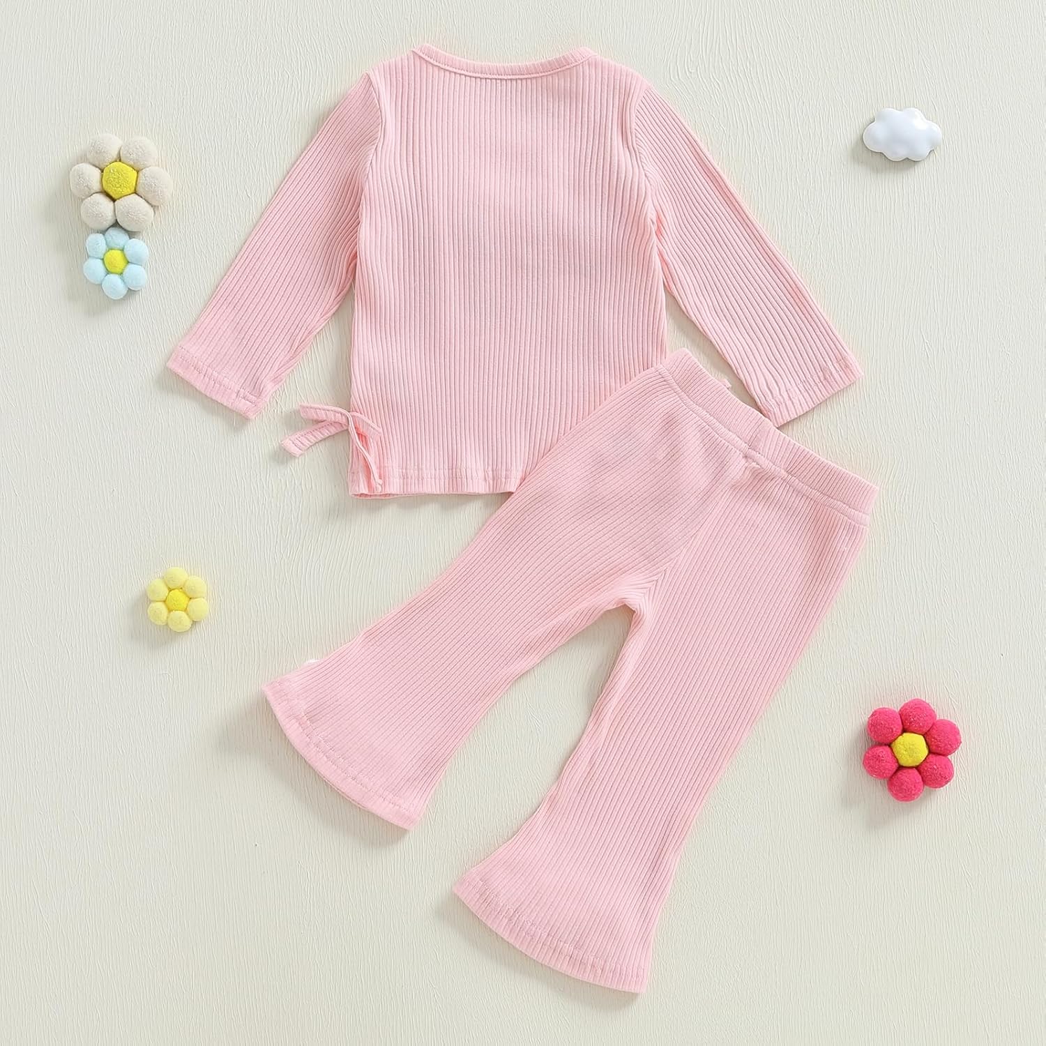 Toddler Girl 2Pcs Set Fall Outfits Crochet Flower Long Sleeve Round Neck Knit Tops + Elastic Waist Flared Pants - Image 2