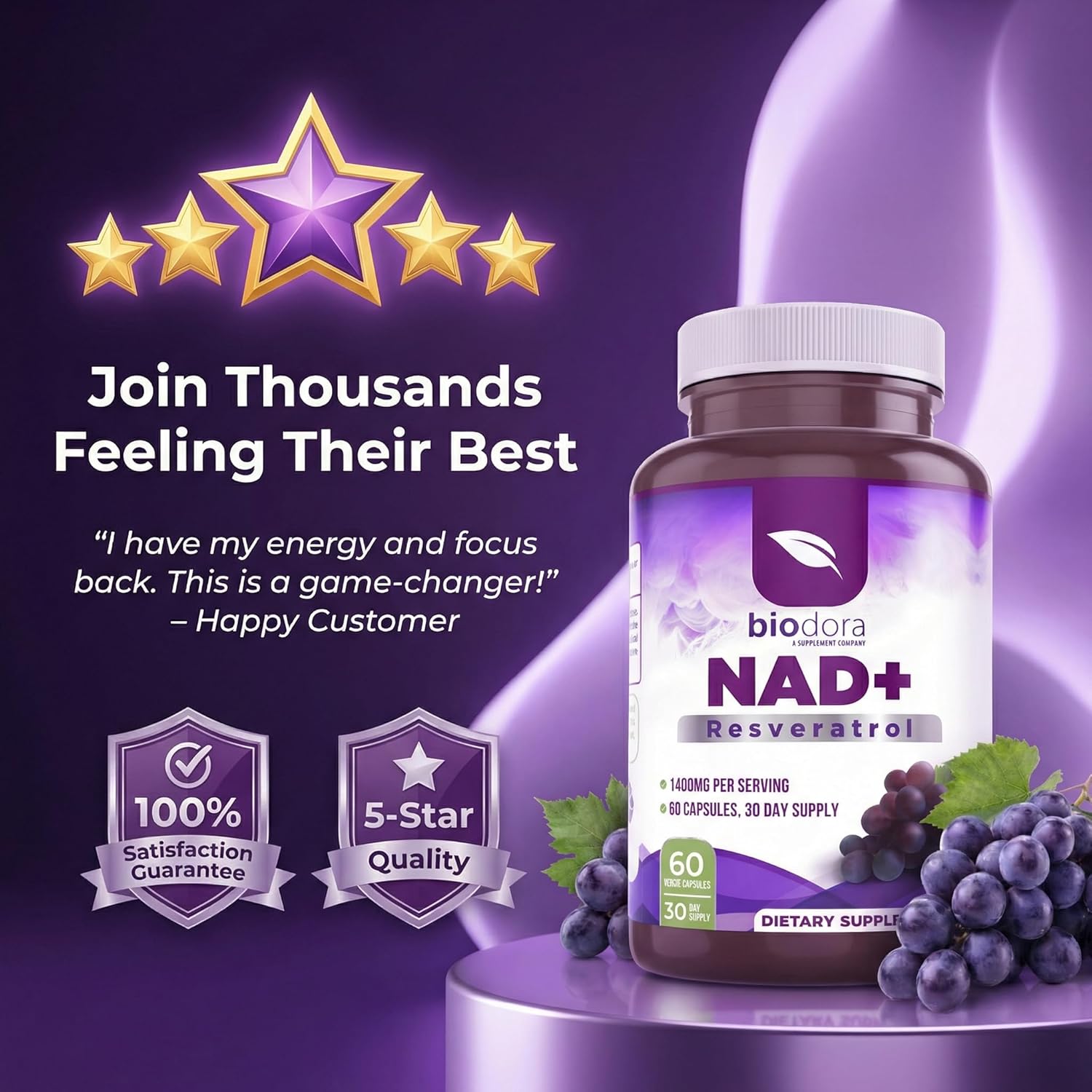 Resveratrol NAD+ 1400mg | Trans-Resveratrol Antioxidant NAD Supplement with NAD | Support Cellular Health, Energy & Anti Aging (60 Capsules)