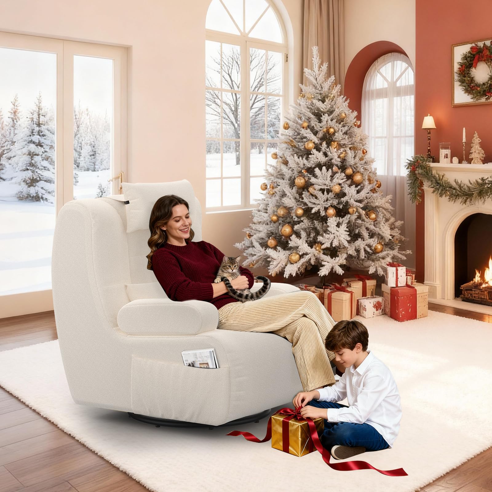 3-in-1 Relaxsessel, 360°Drehsessel,Extragroßer,Gepolsterter Hochlehner-Sessel mit 2 zusätzlichen Kissen, 2 Seitentaschen,Gepolstertem Sitzkissen und Rückenlehne, Akzent-Relaxsessel (Beige)