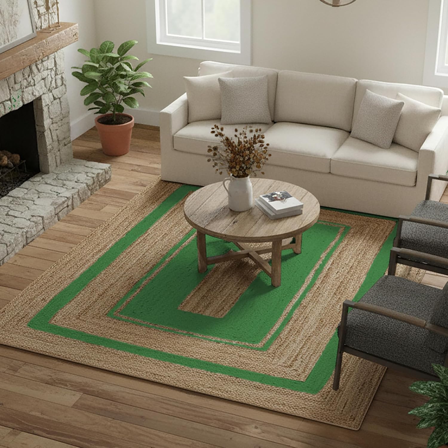 Premium Quality Jute Rug 9x12 Feet Area Rug Natural Fiber Jute Rugs Thick 0.27" Hand Braided Geometric Green Border Rugs for Living Room, Dining Area, Home Decor, Indoor