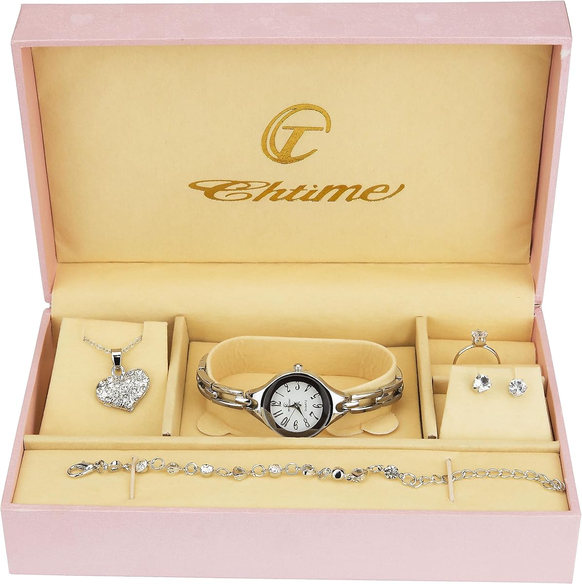 Gift Set Women's Watch Silver- Jewelry set- Necklace-Ring- Earrings - Band