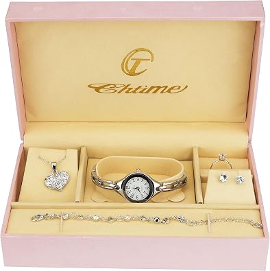 Gift Set Womens Watch Silver- Jewelry set- Necklace-Ring- Earrings - Band