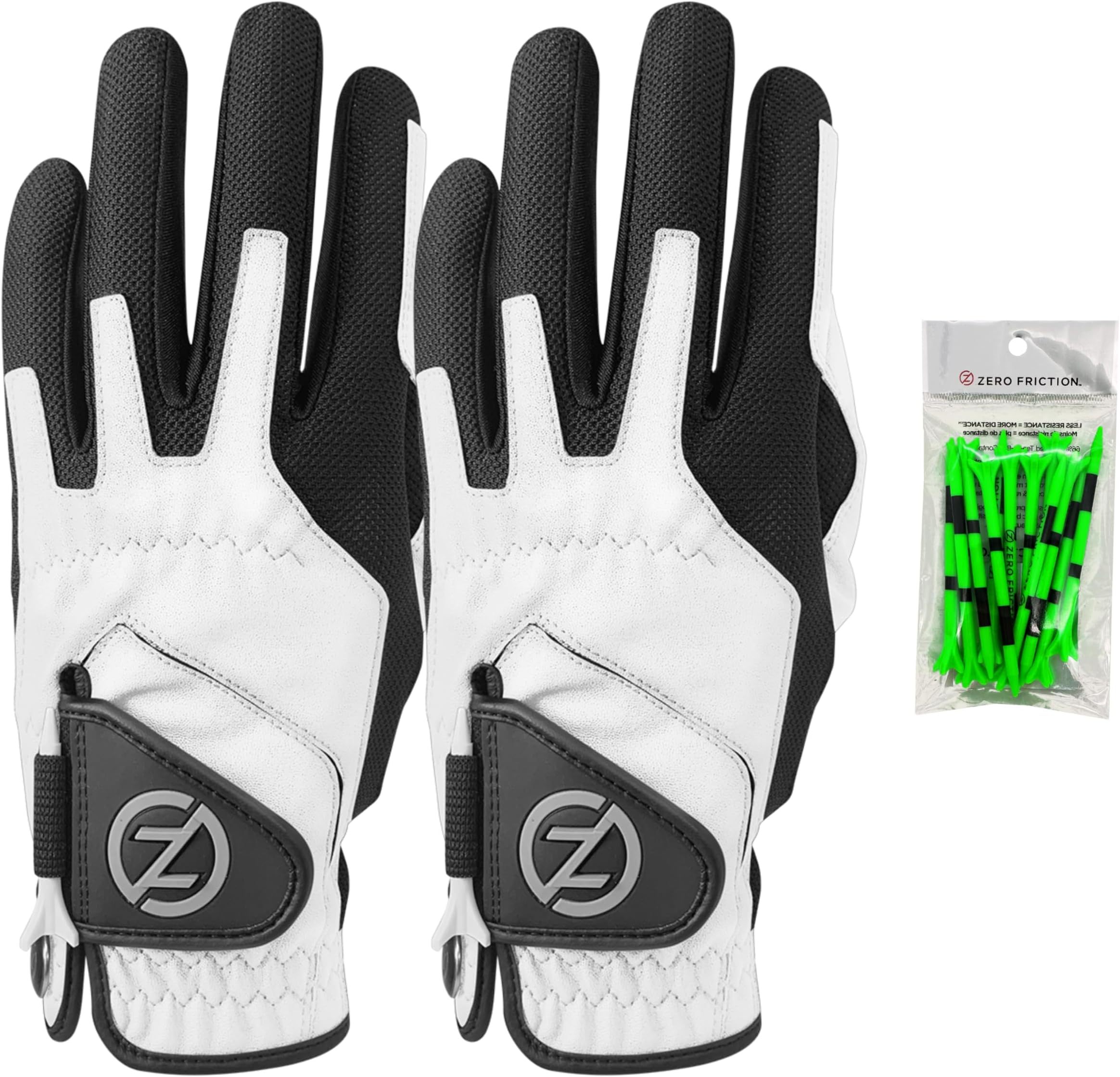 Zero Friction Men's Compression-Fit Synthetic Golf Glove, Universal Fit One Size (Pack of 2) with Pack of Golf Tees