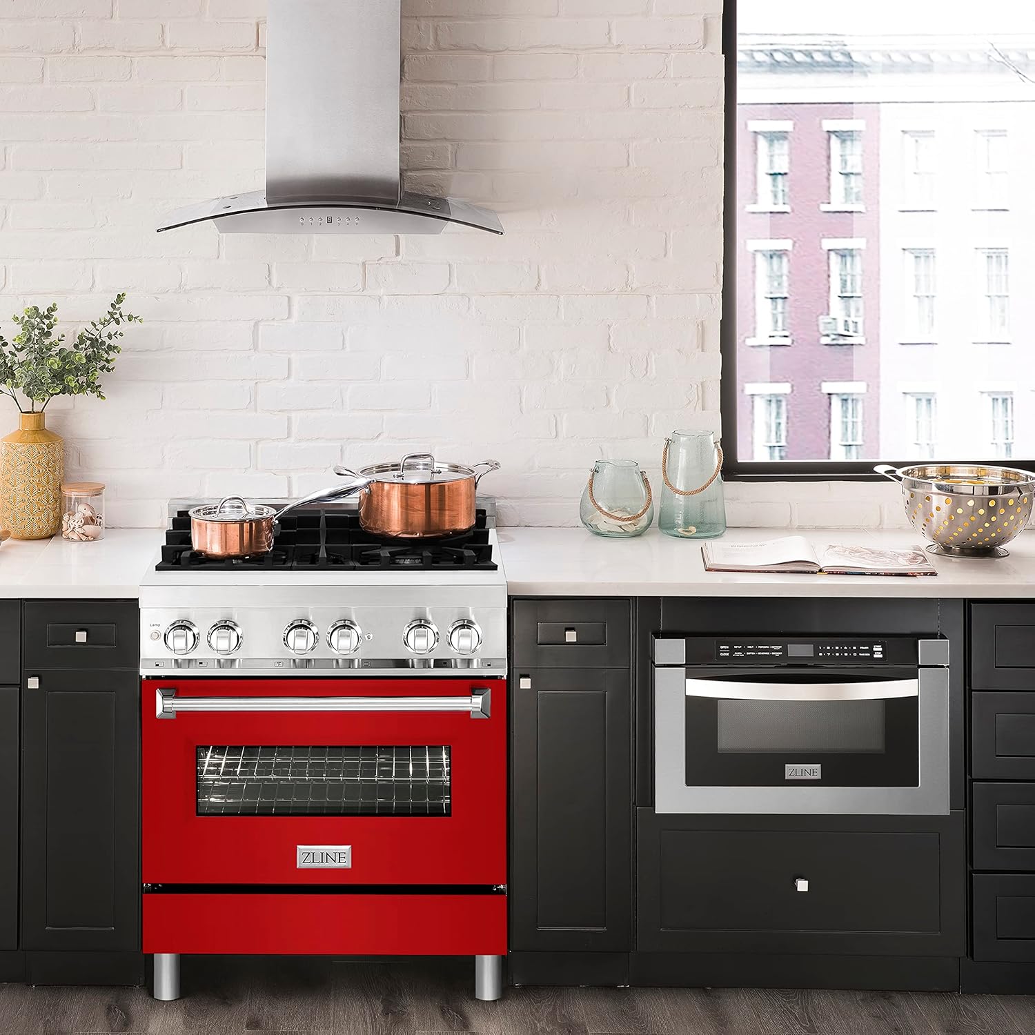 ZLINE 30 in. 4.0 cu. ft. Legacy Dual Fuel Range with 4 Burner Gas Cooktop and Electric Convection Oven in Stainless Steel and Red Gloss Door (RA-RG-30)