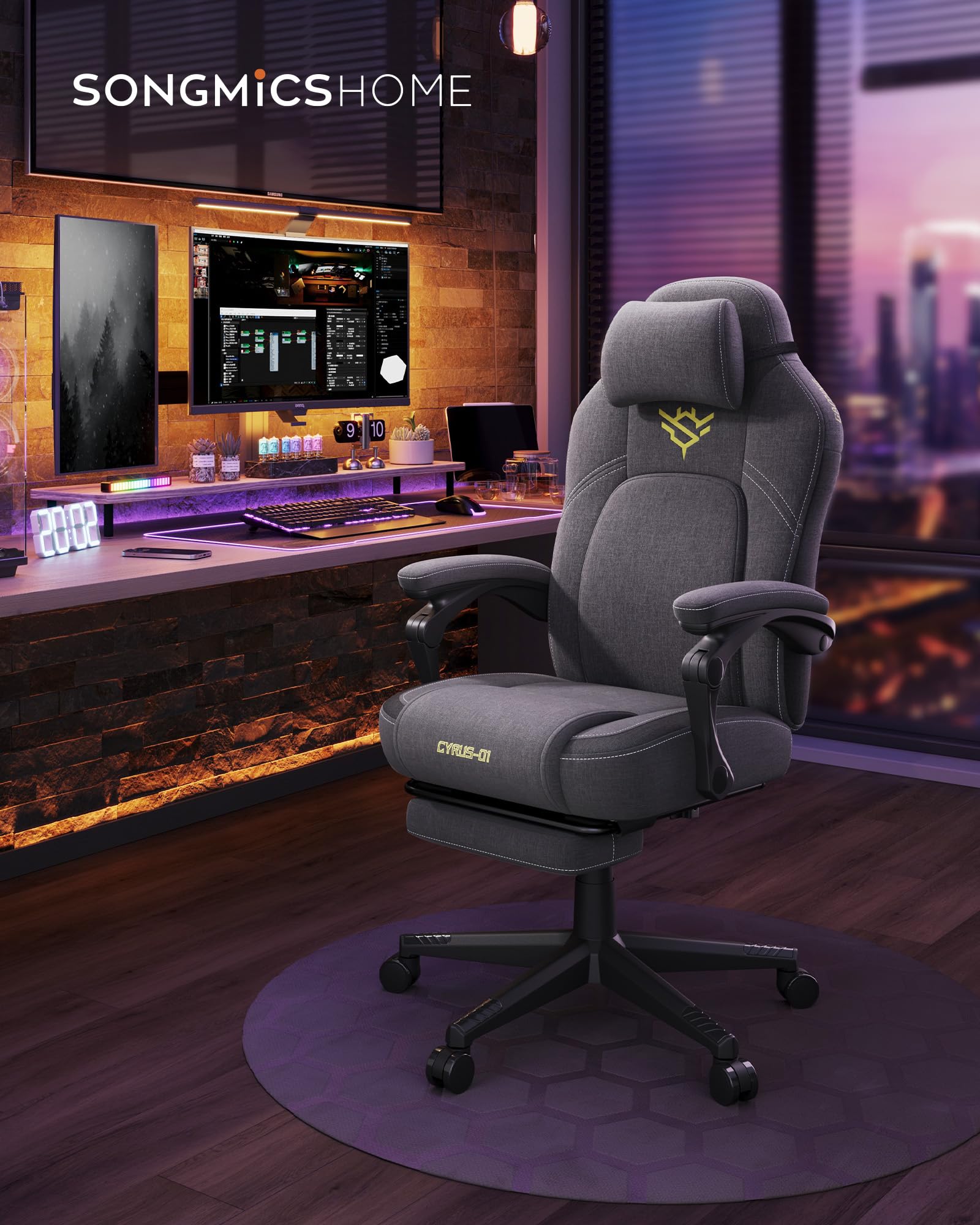 SONGMICS HOME Gaming-Stuhl, ergonomischer Computerstuhl mit Fußstütze, Bürostuhl, Drehstuhl mit Kopfkissen, Baumwoll-Leinen-Mischgewebe, höhenverstellbar, Taubengrau OBG072G01