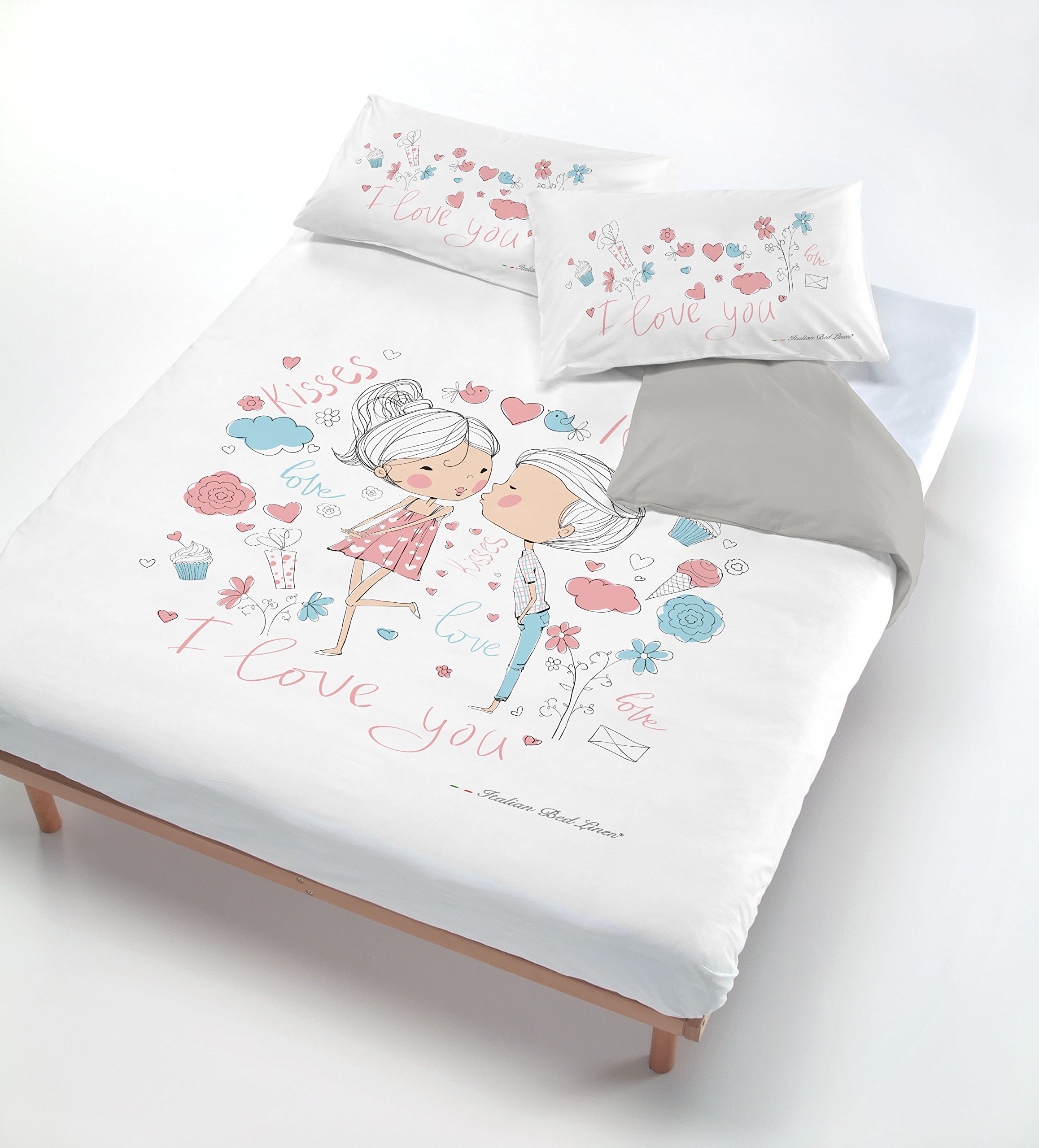 Italian Bed Linen Digital Duvet Cover Set (Bag Sheet 150x200cm + Pillowcase 52x82cm),Kisses i Love you, SINGLE