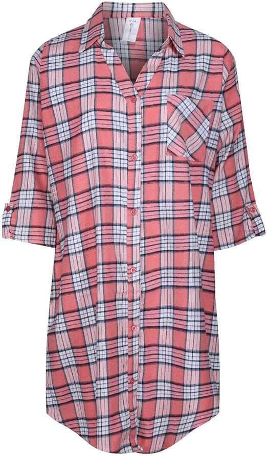 North East Ladies Nightie Button Through Nightshirt Brushed Cotton 3/4