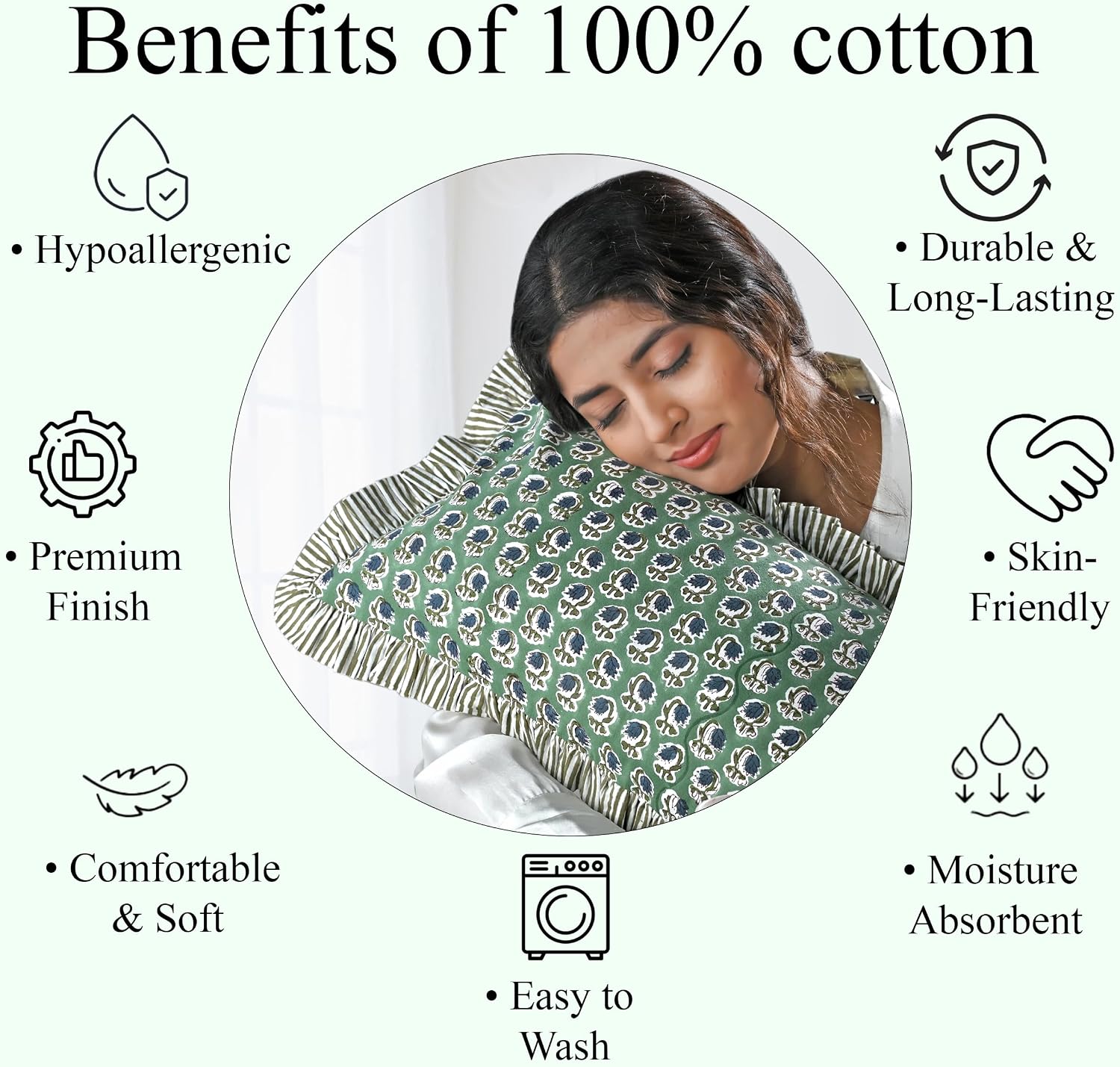 Ridhi Basil Green Block Print Ruffle Pillow Sham 20x12 Inch Set of 1