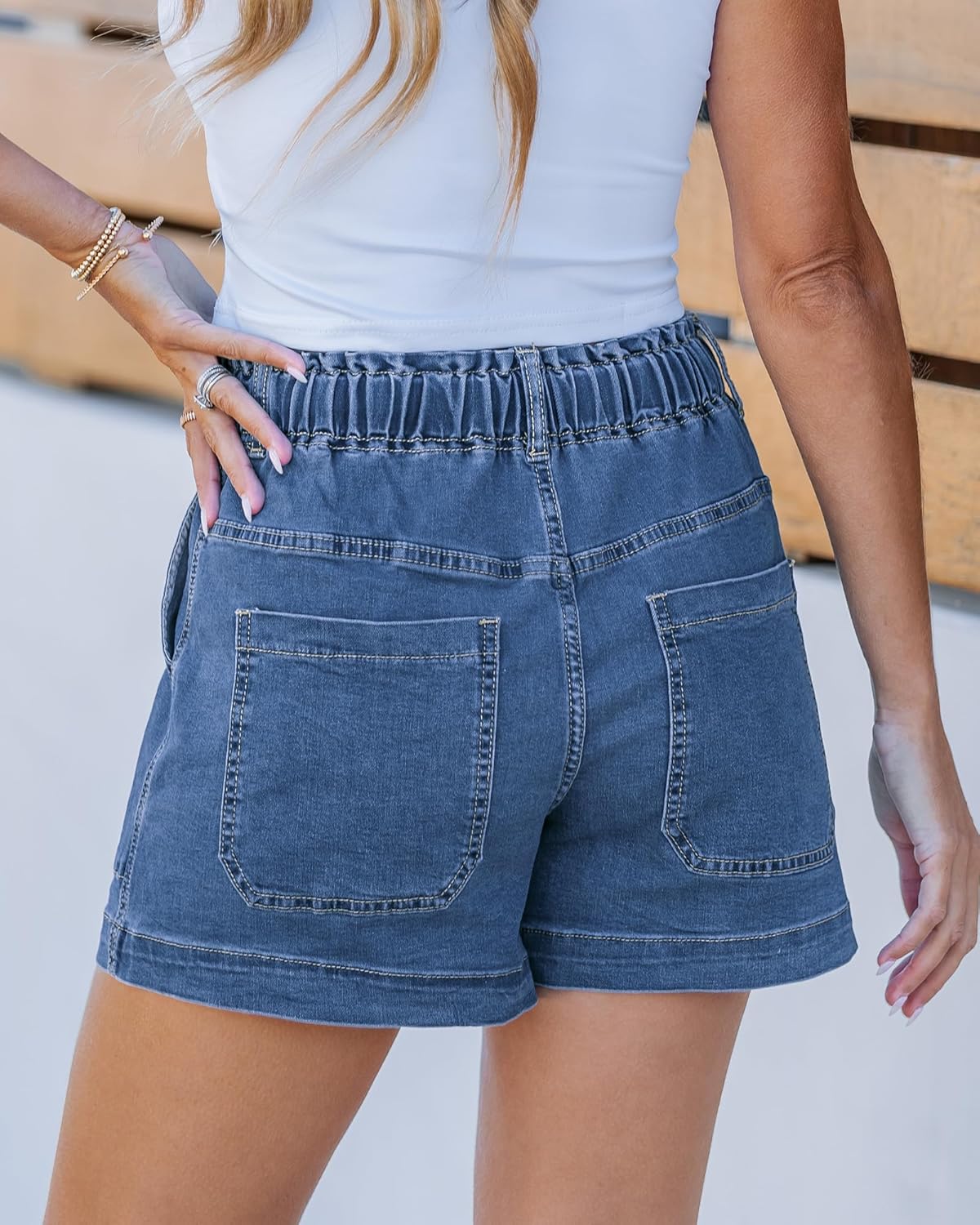 luvamia Jean Shorts for Women High Waisted Pull On Drawstring Elastic Waist Trendy Stretchy Denim Jorts Summer Shorts - Image 2