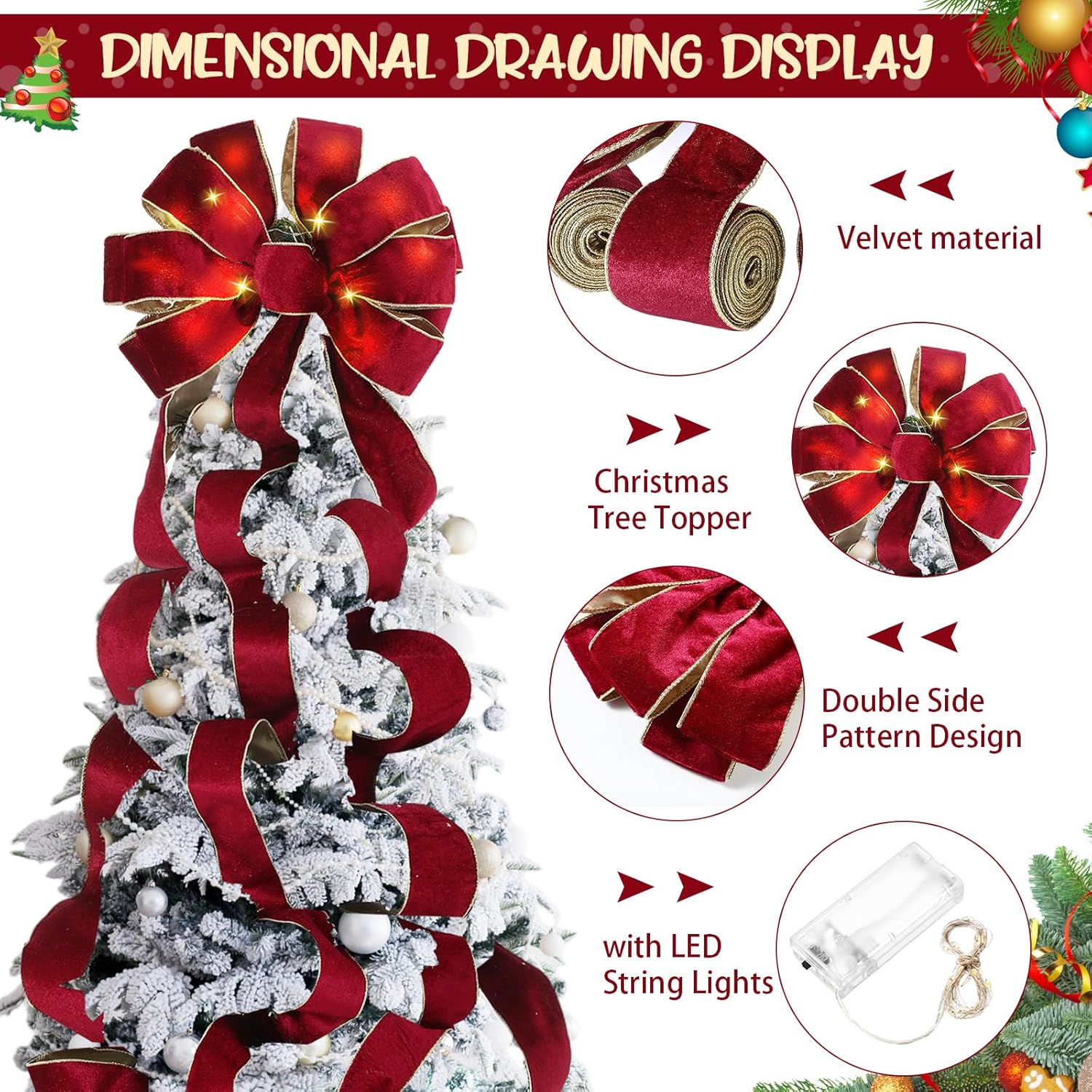 Soulchen Velvet Large Christmas Tree Topper Bow 12.6 x 118 Inch Lighted up Double Side Velvet Christmas Bow with 4 x 3 Yards Ribbon Streamers for Holiday Xmas Tree Party Decoration (Burgundy)