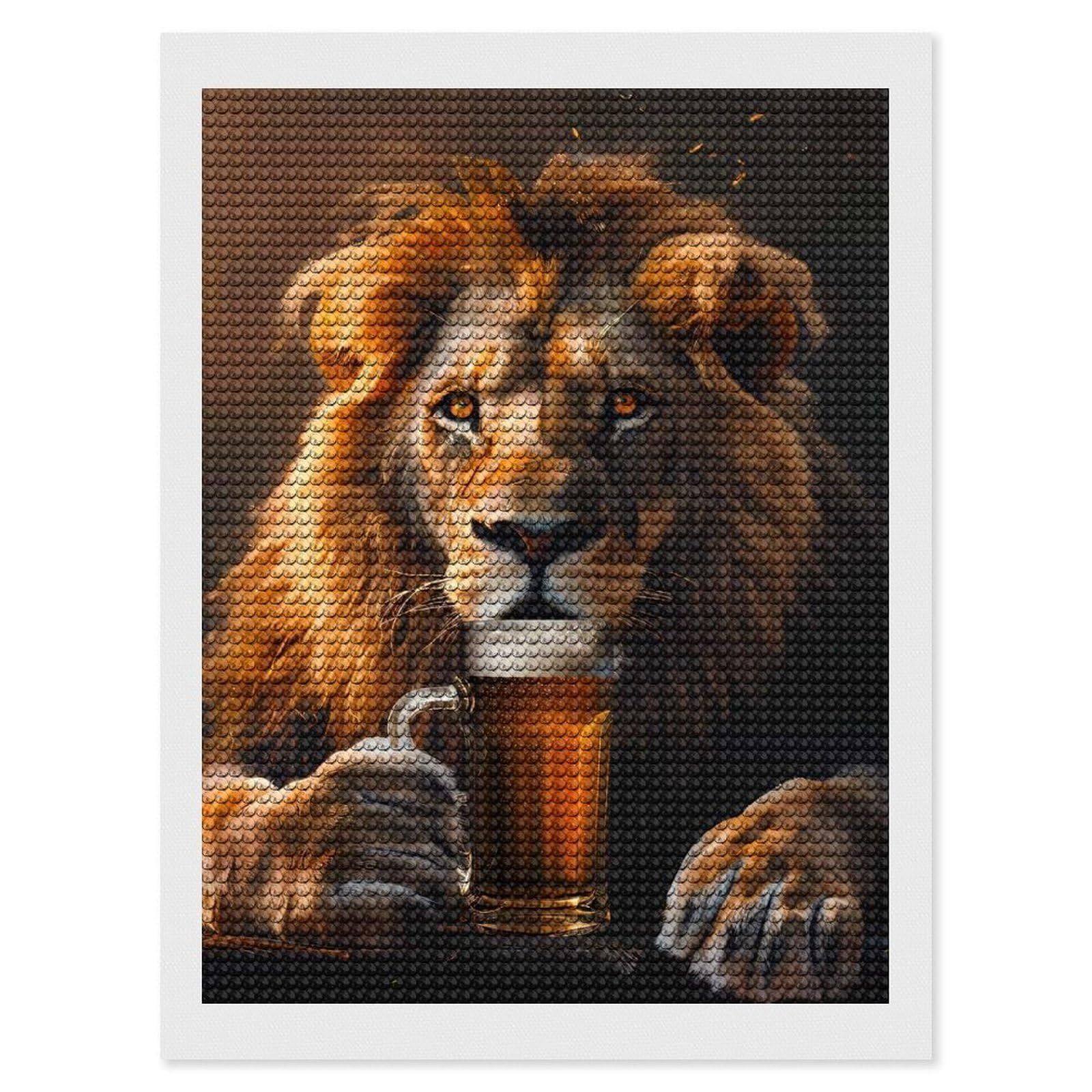 Junmoney Lion Beer DIY Diamond Art Canvas Kit 12"x16", Decorate Your Room, Sparkling Round Gems, Fun Craft Experience, Farmhouse Decor