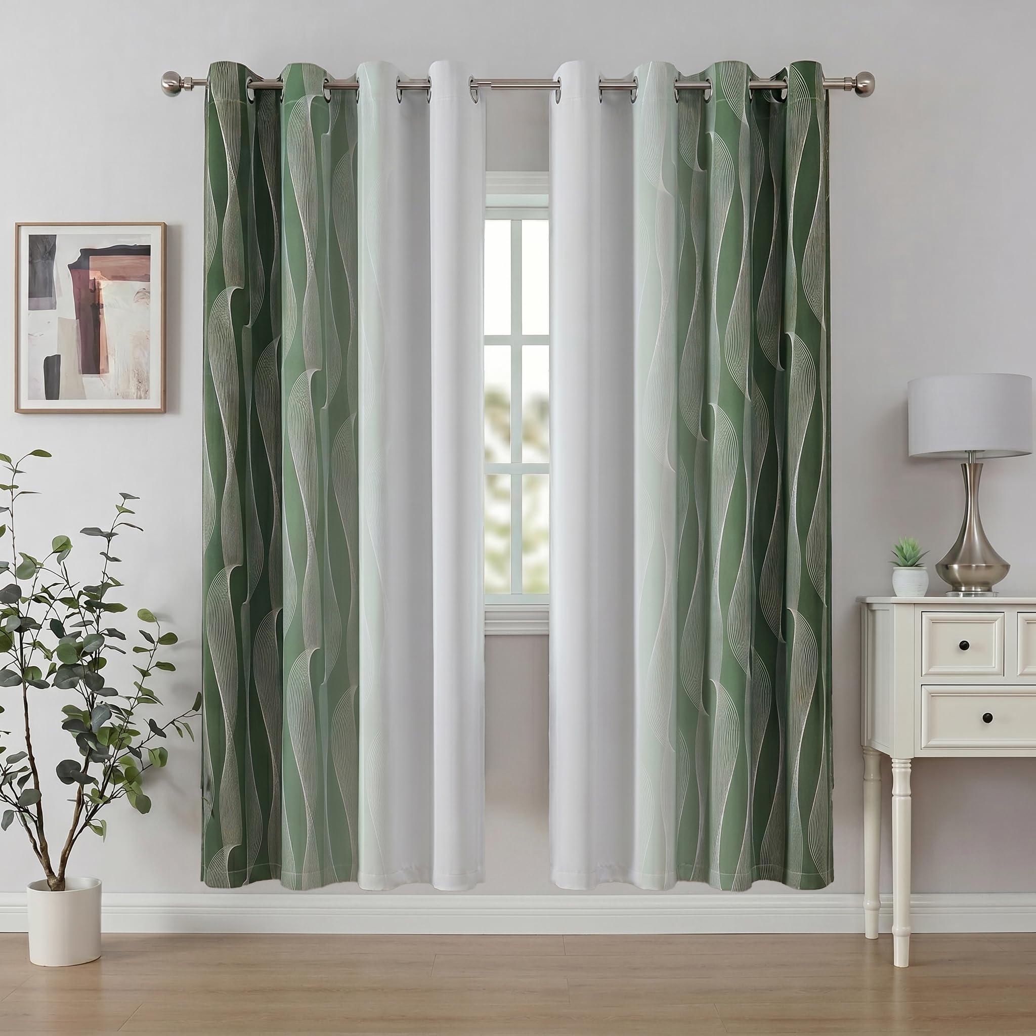 Gazal Vole Ombre Room Darkening Curtains – Modern Gradient Eyelet Drapes with Wave Line Pattern, 72 Inch Drop, 80-90% Darken Light for Living Room & Office (Green+White)-W 52 x L 72 inch
