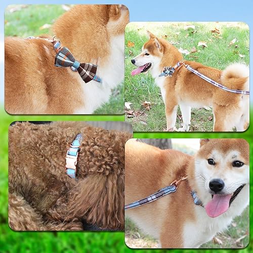 Miniatura 6 de Hilkycton Juego de correa de collar de perro a cuadros con corbatín ajustable y bonito collar para cachorros con hebilla de metal duradera para