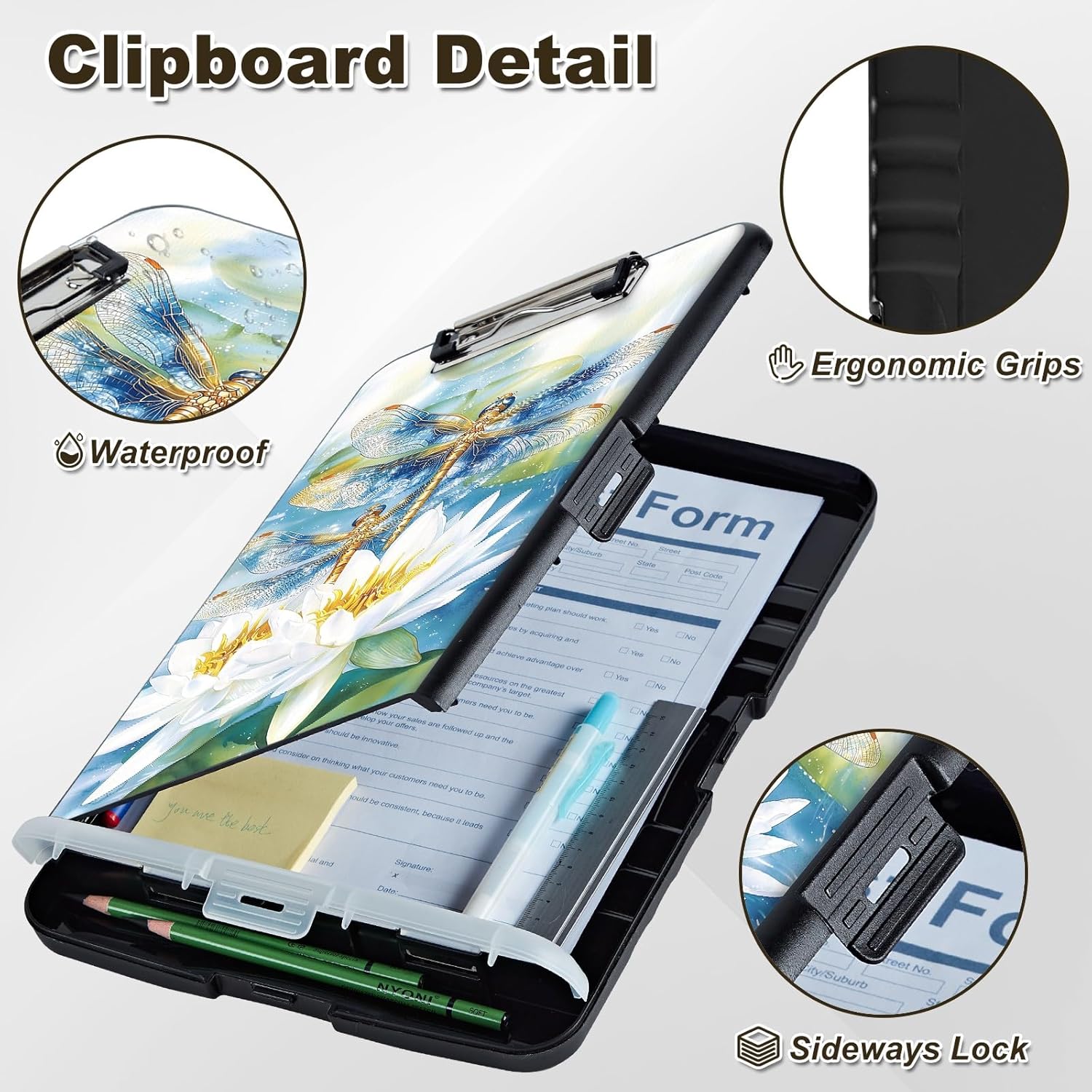 Clipboard with Storage, Nursing Clip Board 8.5 x 11 Storage Organization Box Side-Opening Plastic Clipboards with Pen Holder, School & Office Supplies, Dragonfly Lotus