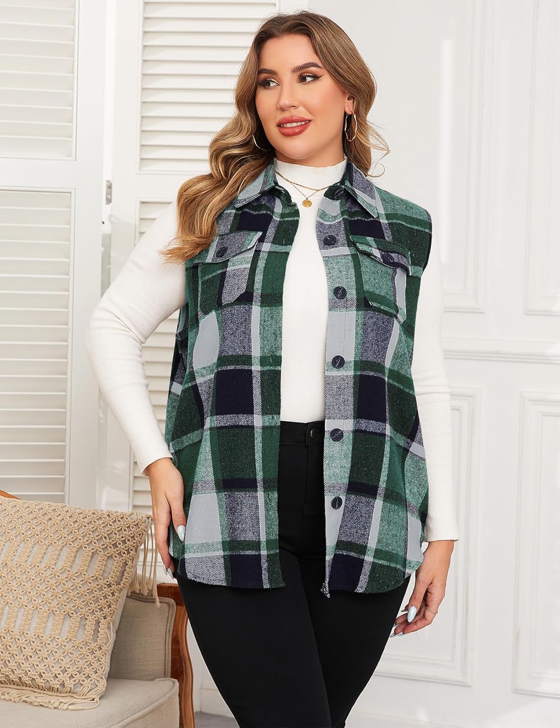 ZOMVA Plus Size 1X-5X Women's Flannel Plaid Long Vest Button Down Sleeveless Jacket Shacket Coat Casual Fall Fashion Outfits - Image 6