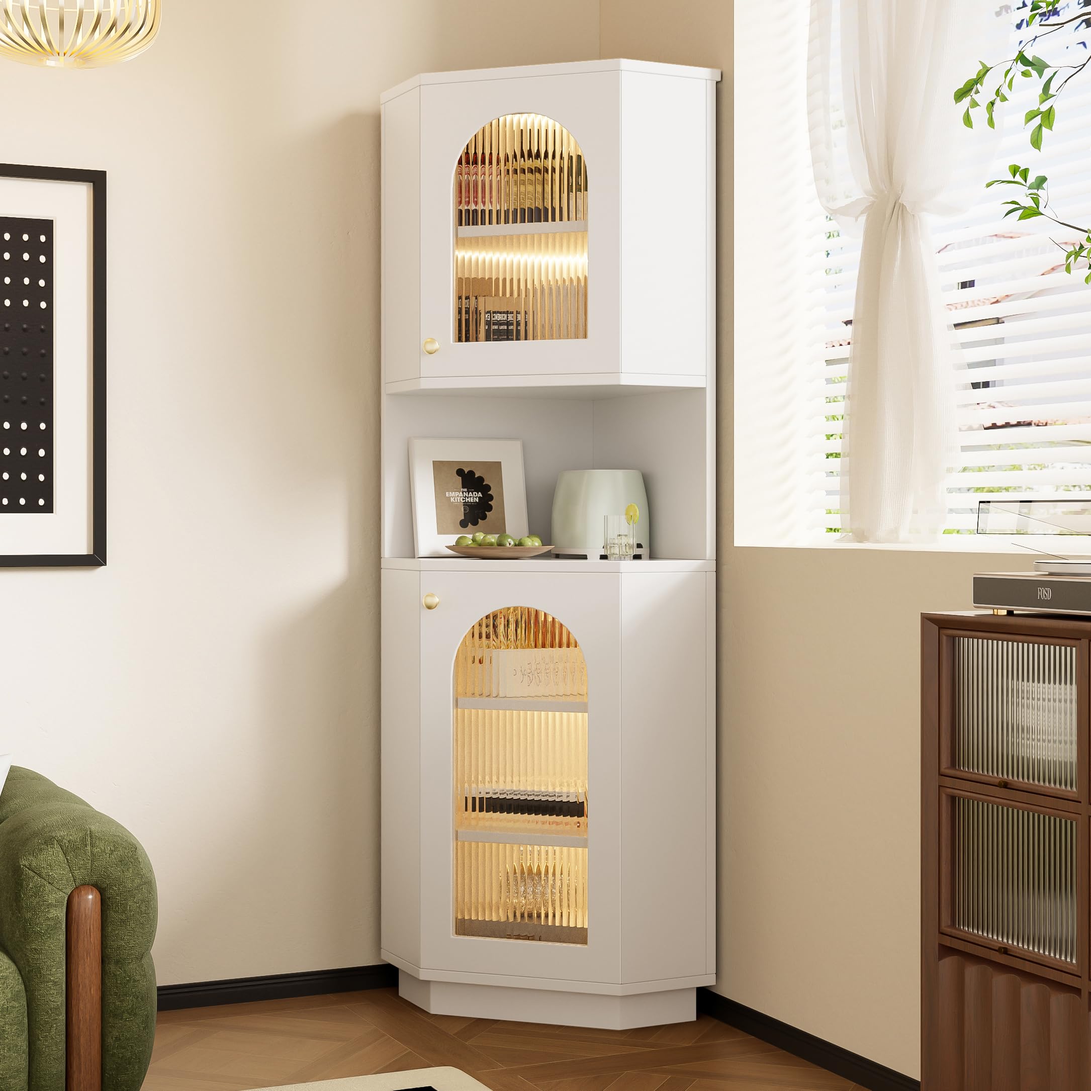 Armario esquinero con barra de luz, mueble de baño, 2 estantes, compartimento abierto, estantes ajustables, 45 x 45 x 166,5 cm, color blanco