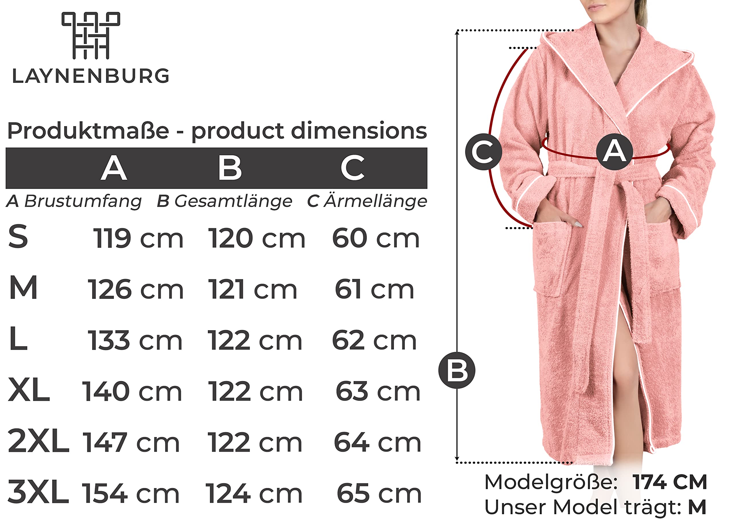 LAYNENBURG Accappatoio da Donna in spugna - Cappuccio - lungo - 100% Cotone (360g/m2) - OEKO TEX Standard 100 - Taglia S, M, L, XL, XXL, 3XL