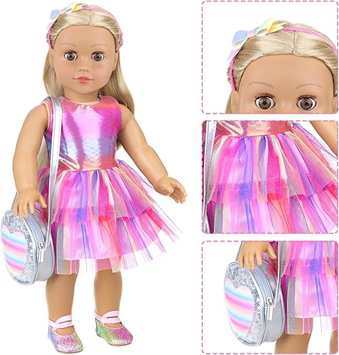 Vista 3 de ZITA ELEMENT Muñeca americana de 18 pulgadas, 14 piezas, accesorios de maquillaje con vestido para muñeca de generación, juego de belleza y ropa