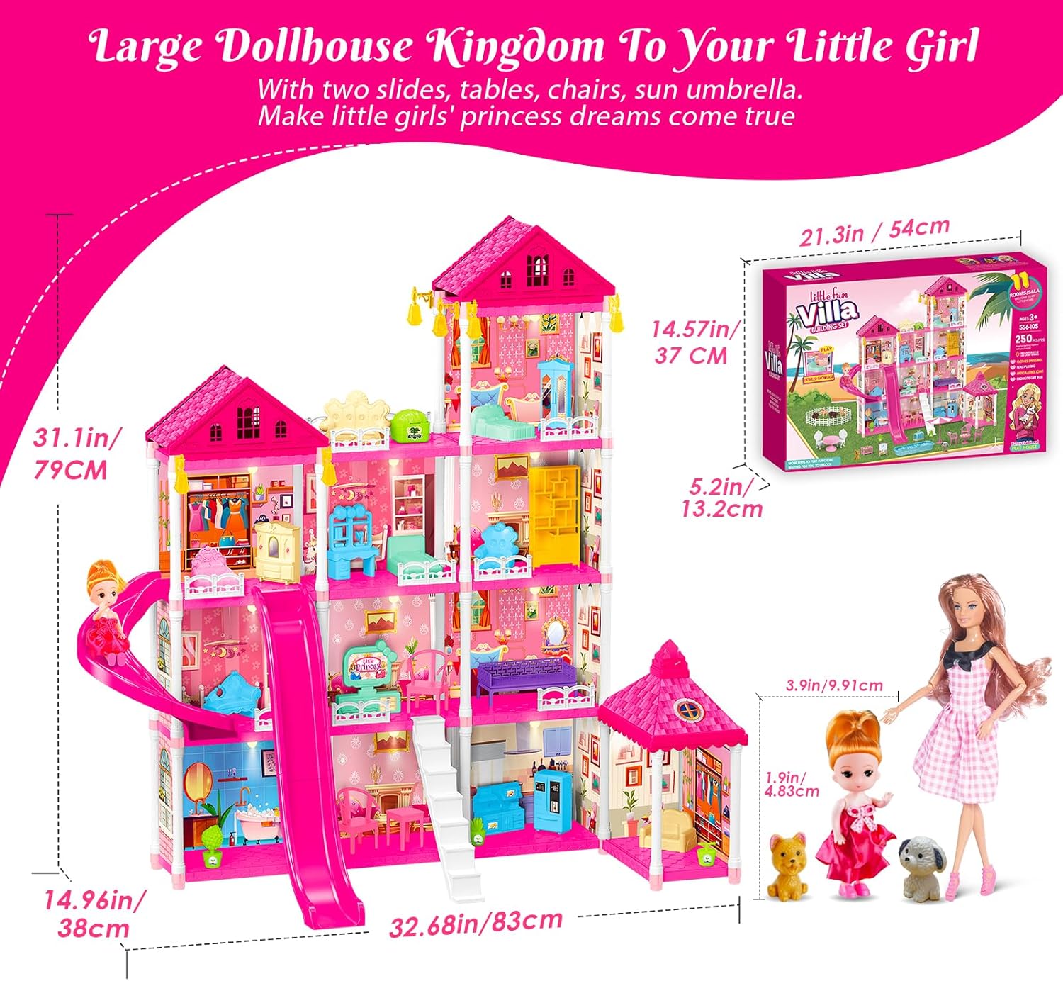 4-Story Doll House Large DIY Playhouse for Girls, Little Girl Dream House with Furniture, Animals Play Area & 2 Princesses Slide, Creative Construction Toy for Birthdays & Christmas