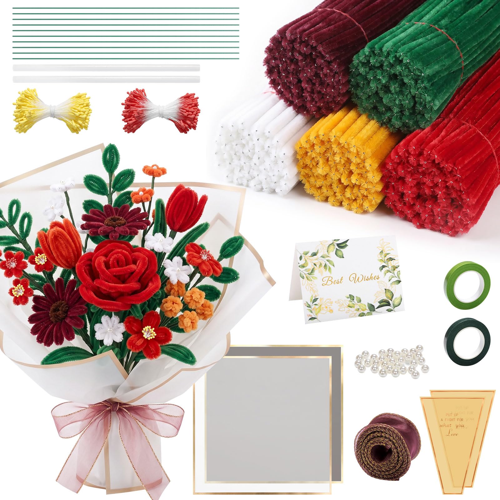 SERTAS Pipe Cleaners for Craft Flowers 500 PCS Chenille Stems with Floral Tape Stamens and Wrapping Paper for DIY Tulip Bouquets Handcrafts Party Decorations (500pcs Red)