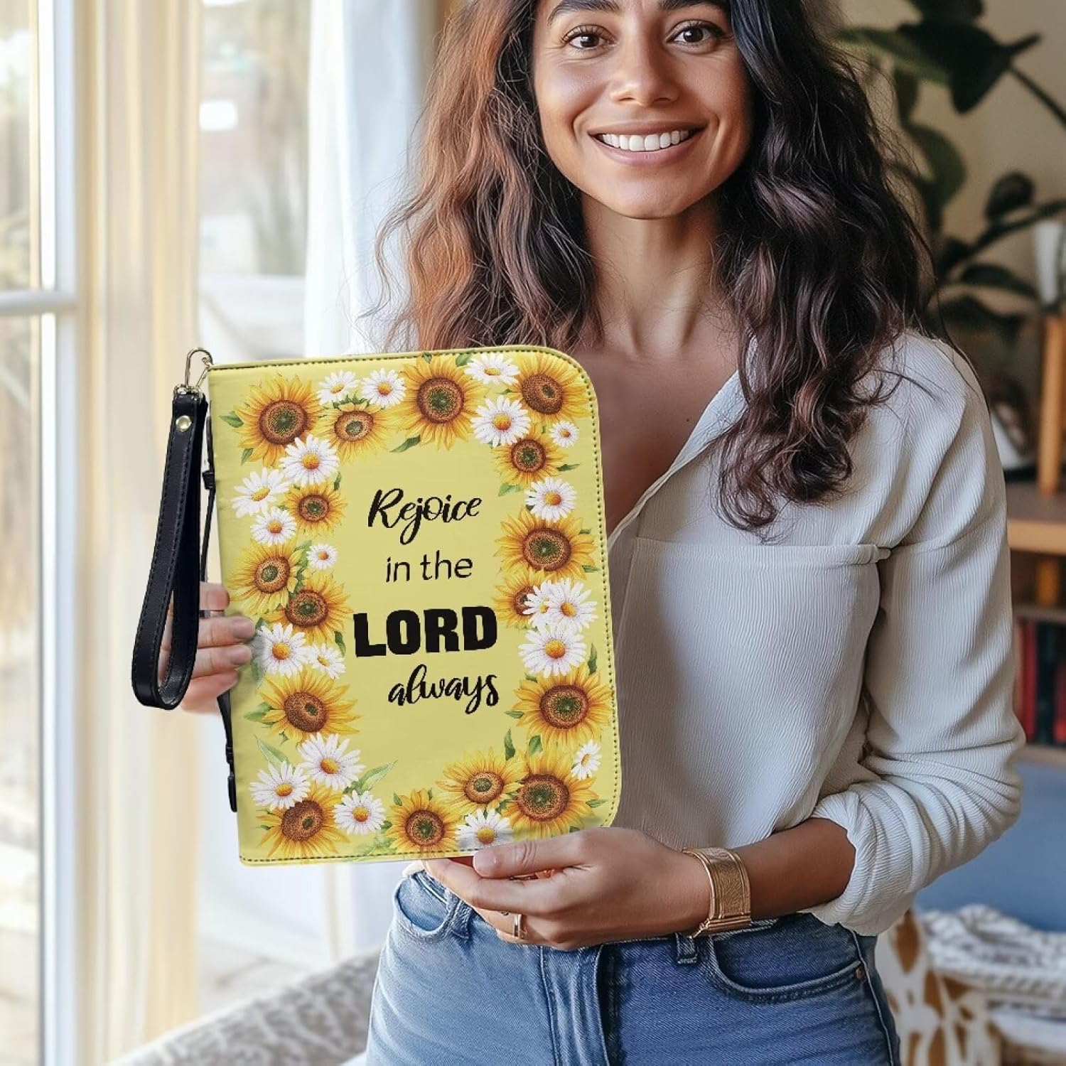Bible Cover Case for Women, Zipper Church Book Bag with Top Handle Bible Study Supplies Carrying Book Case, Christian Gifts for Women Men, Sunflower and Lord