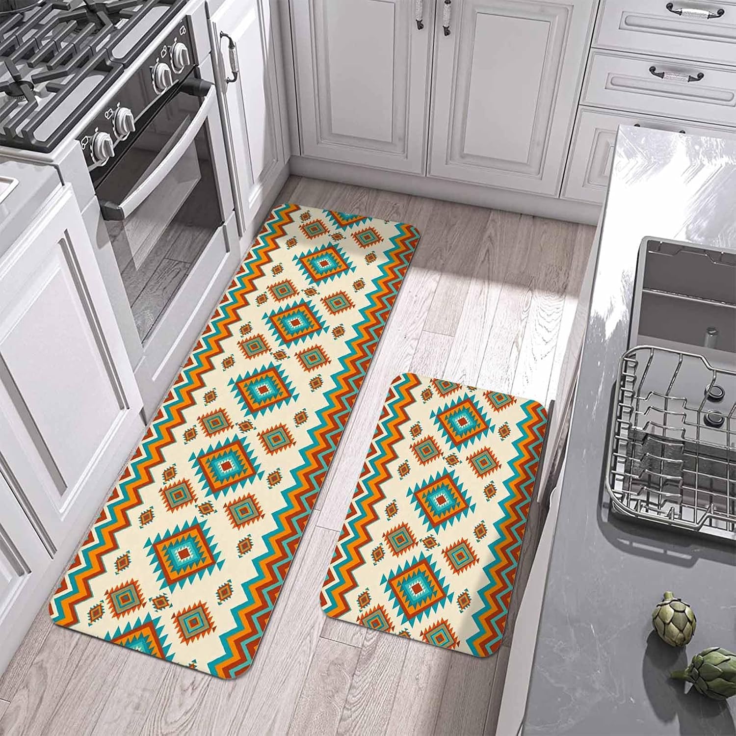 Prime Leader Bohemia Geometric Kitchen Mat Set 2 Pieces Western Teal Orange Beige Aztec Ethnic Non Slip Kitchen Rugs Washable Runner Rug Mats for Sink Laundry (15.7" x 23.6"+15.7" x 47.2")