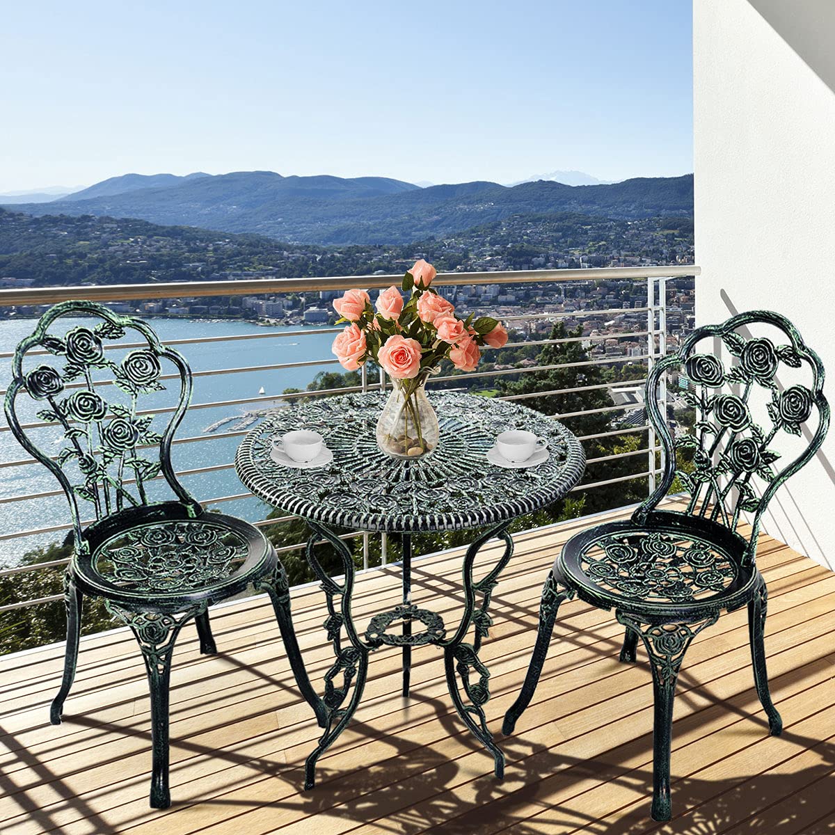 GOPLUS Conjunto de Mesa y 2 Sillas de Aluminio Exteriores para Todo Tipo de Clima con Agujero para Sombrilla, Juego de Muebles para Jardín (Rosa Verde Antigua)