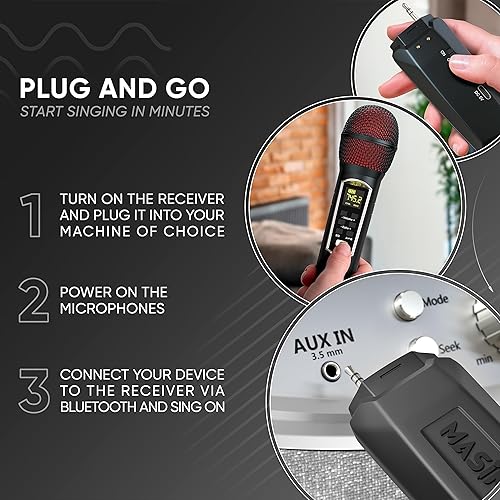 Miniatura 4 de MASINGO 2 micrófonos inalámbricos de karaoke, receptor Bluetooth integrado, conecta micrófonos y teléfonos inteligentes a cualquier altavoz con