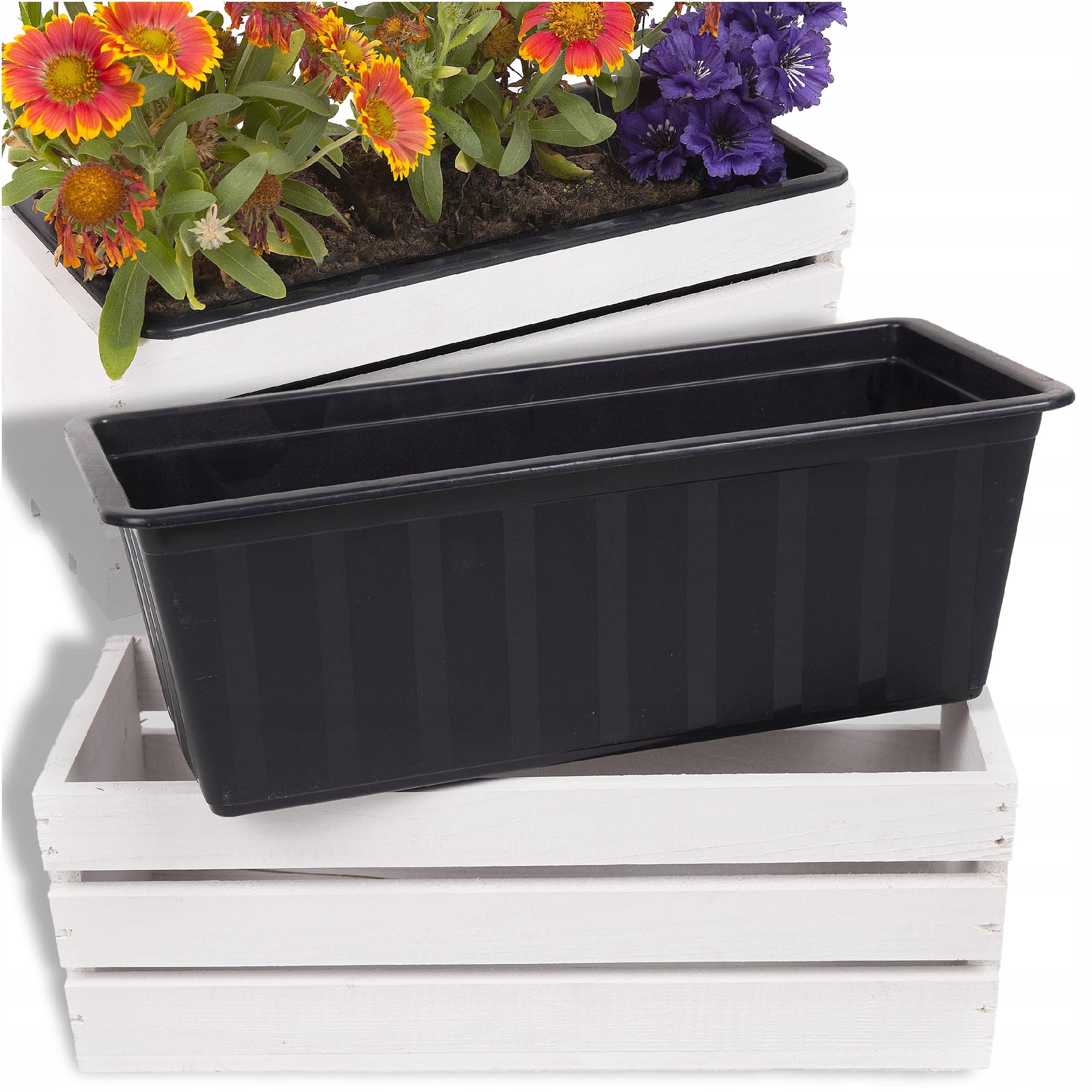 ECODECO Cassetta di Legno per Piante - Fioriera da Esterno con Inserto in Plastica - Vaso Rettangolare 18x40x15 cm per Balcone e Giardino - Contenitore Robusto Bianco
