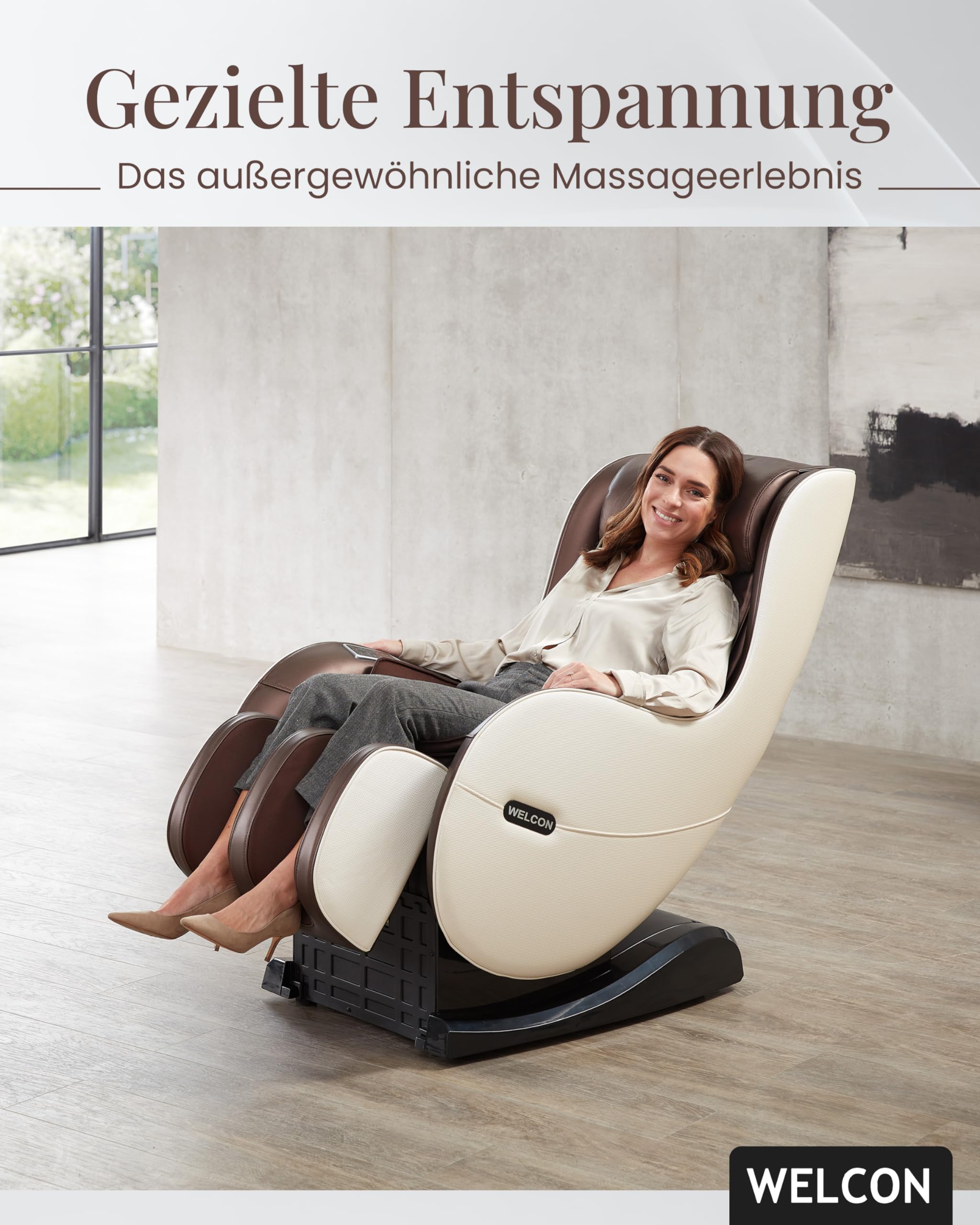 WELCON EASYRELAXX Massagesessel elektrisch in Beige-Braun – L-Shape Relaxsessel mit Automatikprogrammen, Knetmassage & Klopfmassage, Ganzkörper-Massagestuhl für Zuhause