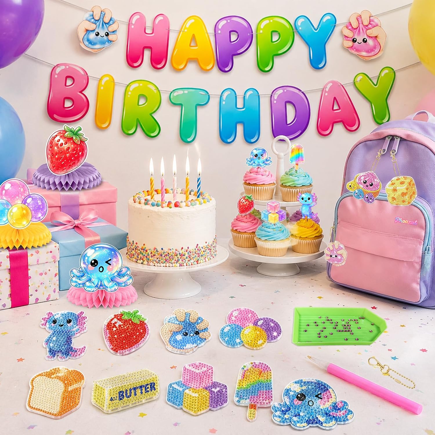 Acrylic Squishy Birthday Party Decorations,Dumpling Diamond Art Painting Kits Party Favors Arts and Crafts for Kids Ages 8-12 Make Your Own GEM Keychains for Girls Ages 4-6 Boys Christmas Toys Gifts