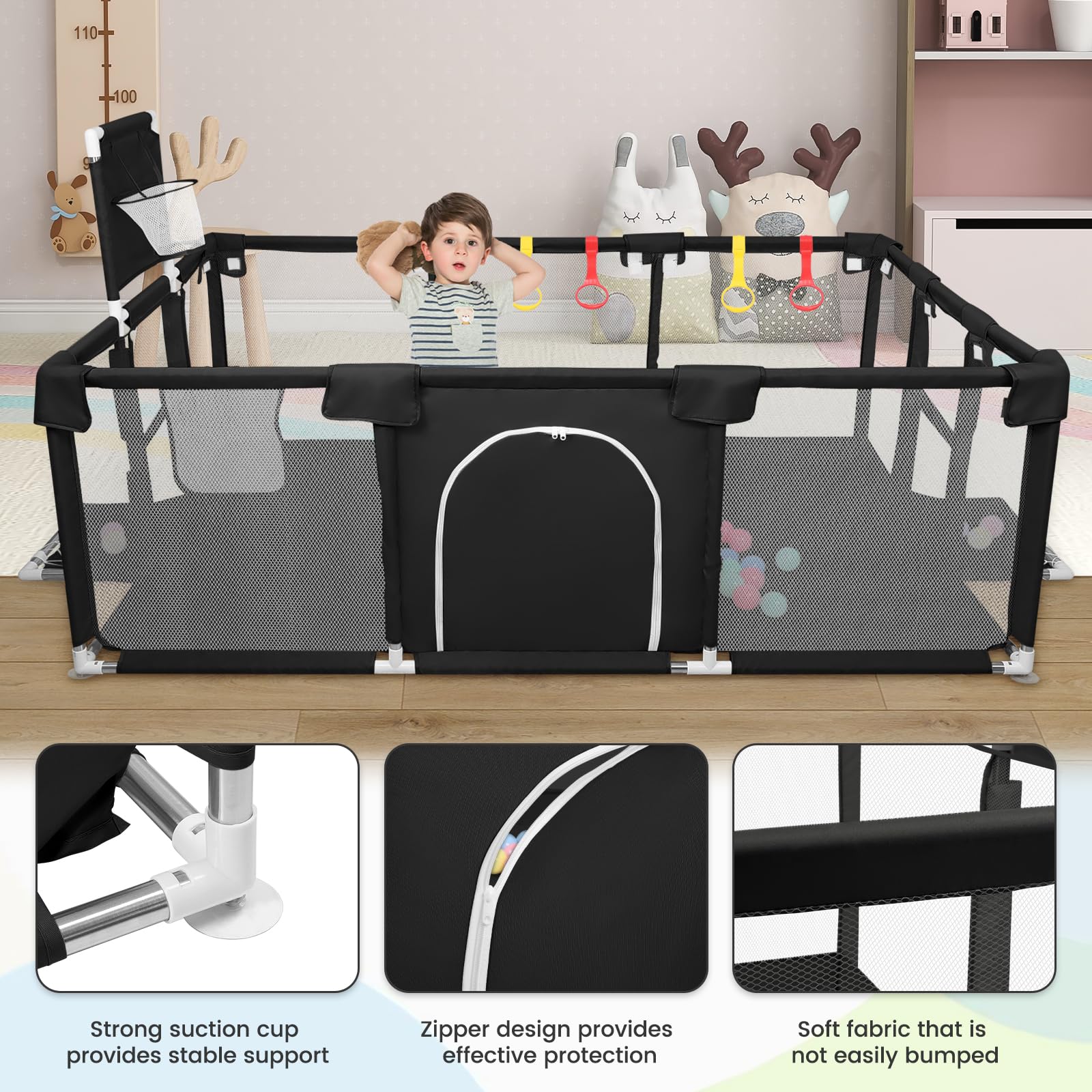 OHMG Parc Bébé,180 * 120cm,d'Activité pour Enfants avec Base,Modulable,Pliable,Grand parc pour enfant en bas âge Avec Porte Zippée,50 Balles,Basketball Rack,4 Ventouses (180 * 120 * 66cm-Noir)