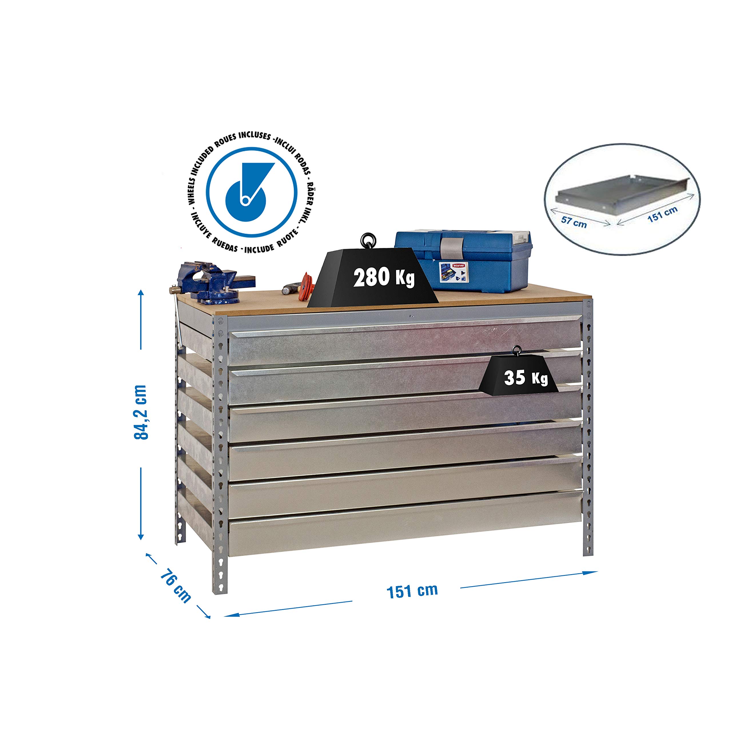 Simon Rack Banco de Trabajo Taller con Ruedas 1510x760 mm - BT5 | 6 Cajones, Tablero madera 16 mm, Capacidad Carga 120 kg, Gris , Pintura anticorrosión, Montaje sistema clic