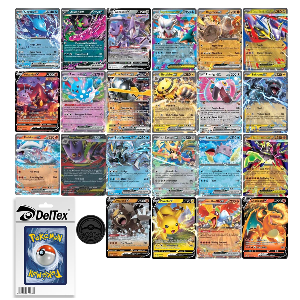 DelTex 5 Pack Pokemon Ultra Rare Card Lot - EX, GX, V, Assorted Variety Bundle & Game Coin - No Duplicates