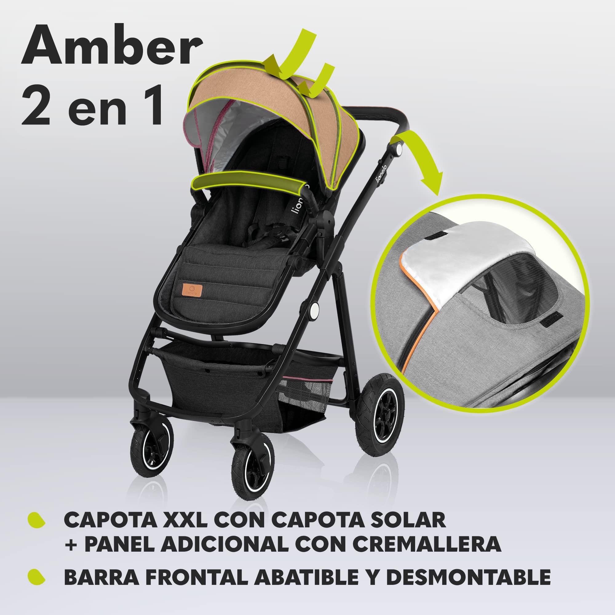 LIONELO Amber Coche de bebé multifuncional 2 en 1 Conjunto silla de paseo con el Asiento de Cubo e Capazo Manillar regulable Bolsa Mosquitero Protector de lluvia | Manillar regulable, bolsa, mosquitera y protector de lluvia incluidos