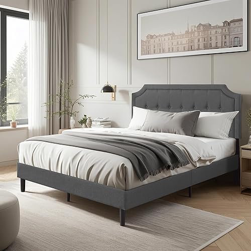 Miniatura 12 de VECELO Base de cama de tamaño matrimonial con cabecera ajustable copetuda, base de colchón, soporte de listones de madera, fácil montaje, color gris