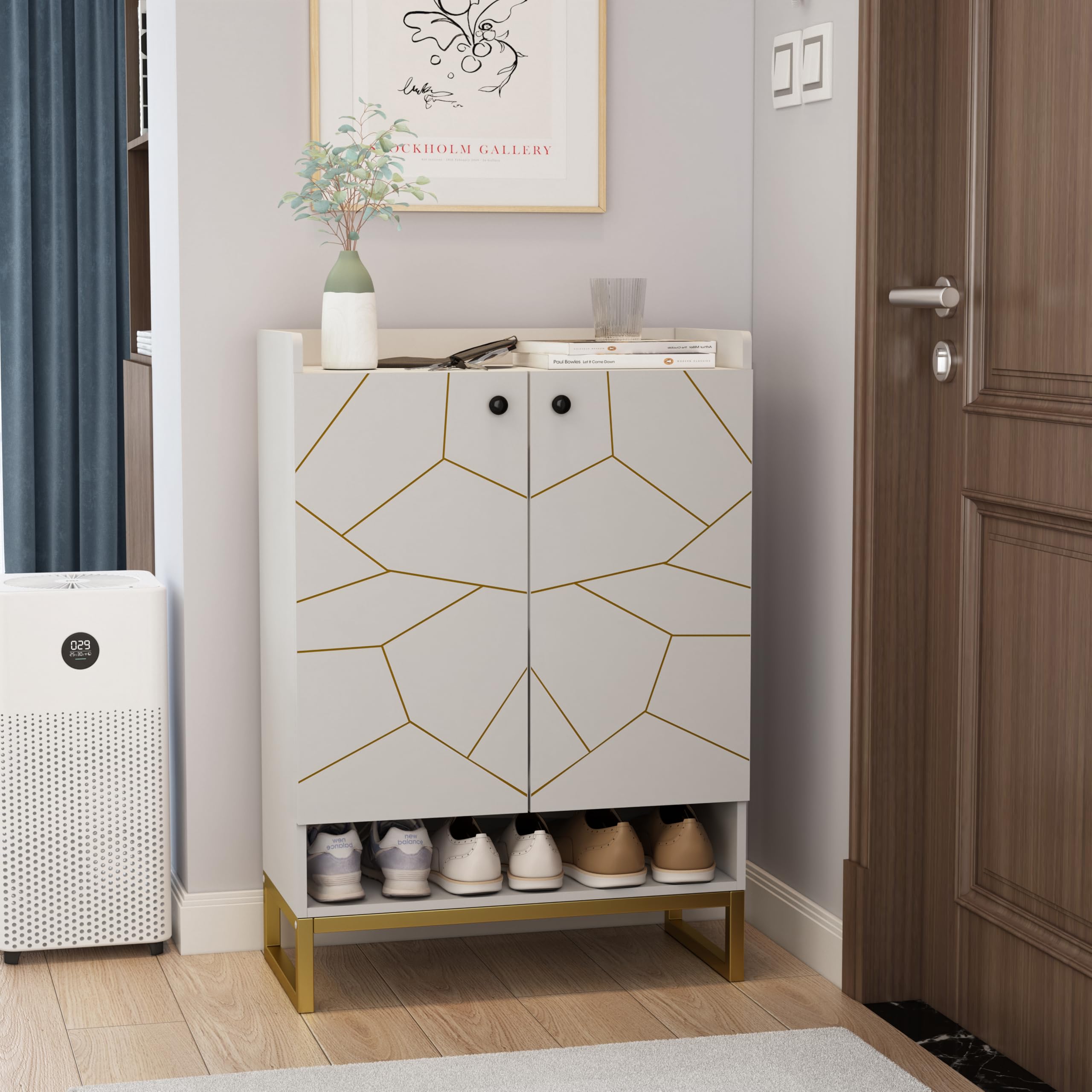 JOYSOURCE Boloni Shoe Cabinet with 2 Doors, 5-Tier Shoe Storage Cabinet with Adjustable Shelves, Shoe Storage Cabinet with Metal Legs for Entryway, Hallway, Shoe Organizer, Shoe Rack, White & Gold