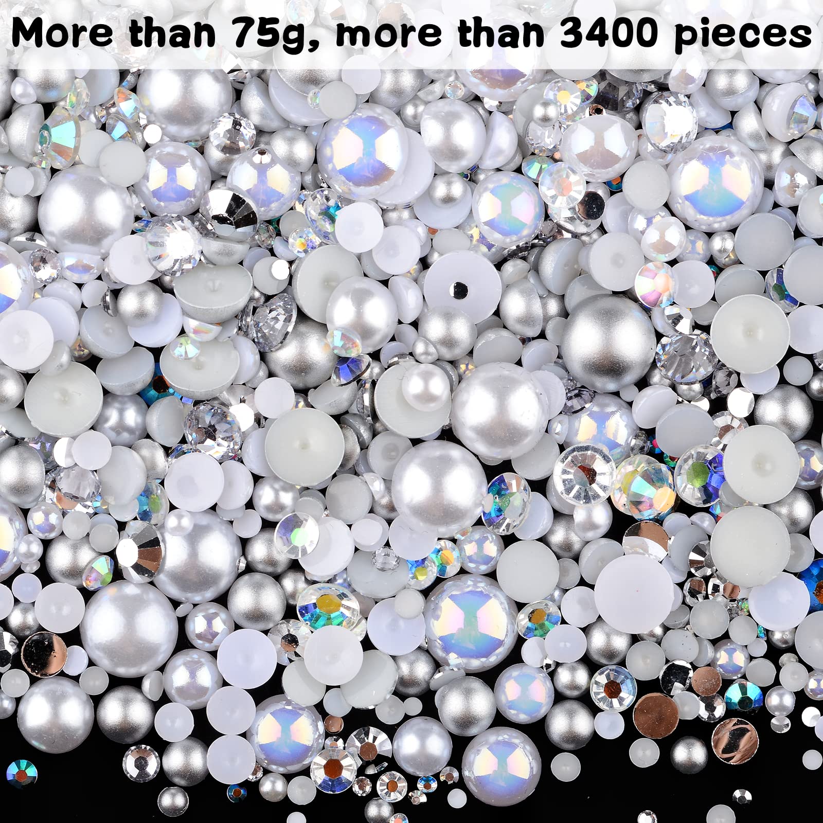 75 g Mieszanka żywicy z perłami kryształowymi, 3-10 mm połowa pereł i 2-6 mm płaskie cyrkonie do zdobienia paznokci buty ubrania kubki, scrapbooking, rękodzieło (białe)