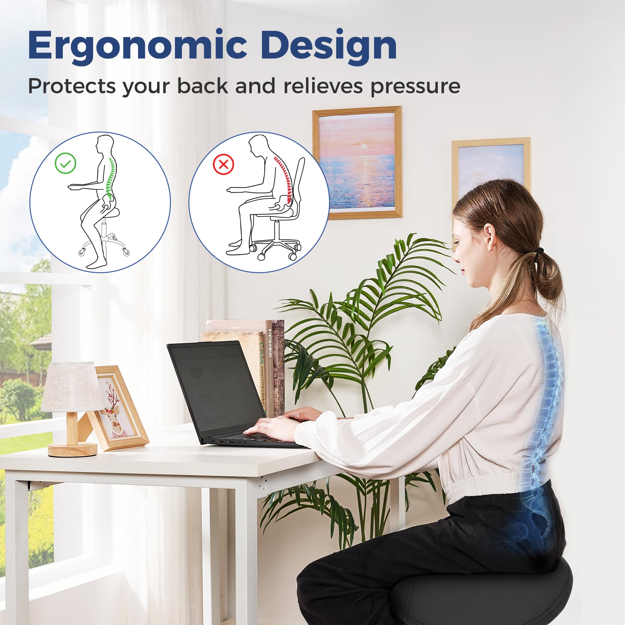 ANWBROAD Ergonomic Rolling Saddle Stool with Wheels, Adjustable Black PU Leather Seat