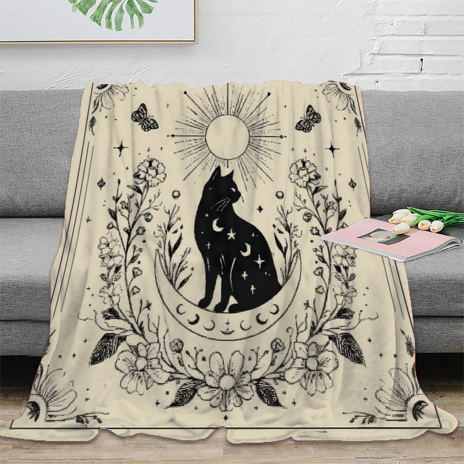 Dlonirpex Xu524k554kr5 3D Printed Moon Cat Art Blanket Ultra Soft Microfiber Bedding Warm Cosy Vintage Mystical Design Throw Blanket Thoughtful Gift For Friends Families Loved Ones 50X60inch(127X152cm)