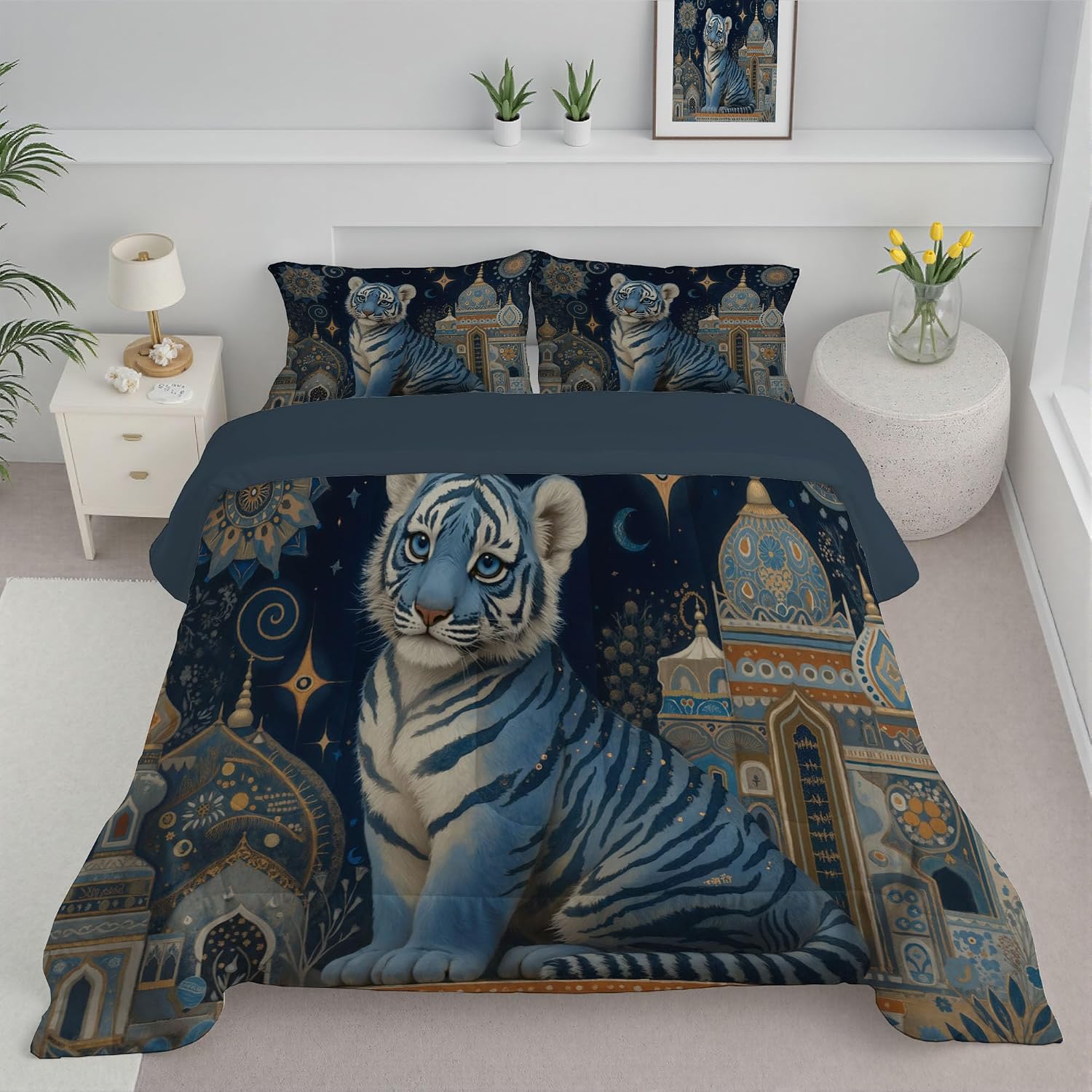 Blue 68" x 86" Duvet, Reversible Coverless Children Boys Girls 2 Duvet, Twin Washable Quilt 7.5 Tog for All Seasons, Simplicity India Palace Comforter with 1 Pillowcases