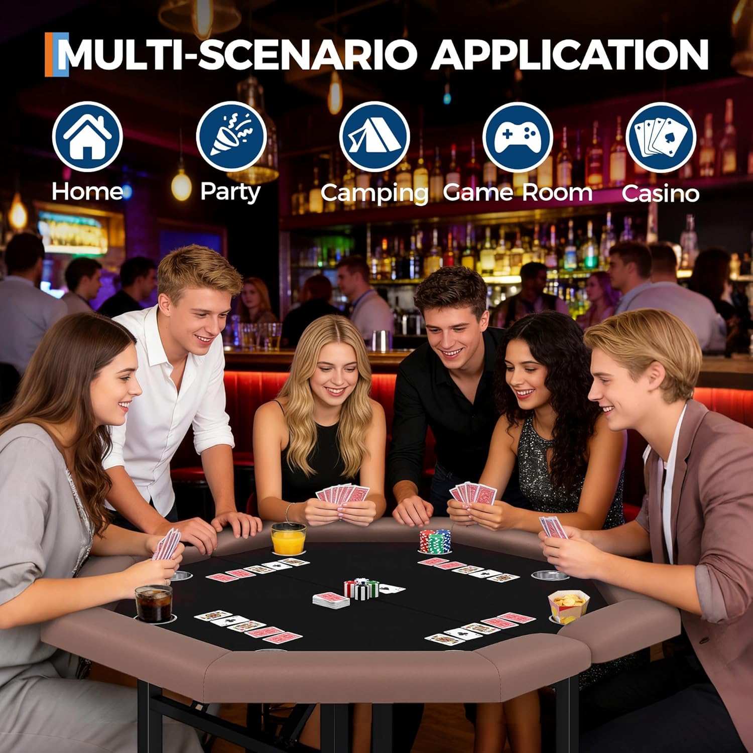 Garvee 48" Folding Poker Table, Folding Game Table Padded Rails ＆ Stainless Steel Cup Holders ＆ Collapsible Metal Legs, 8 Players Octagon Casino Table for Texas Holdem Games (Brown)