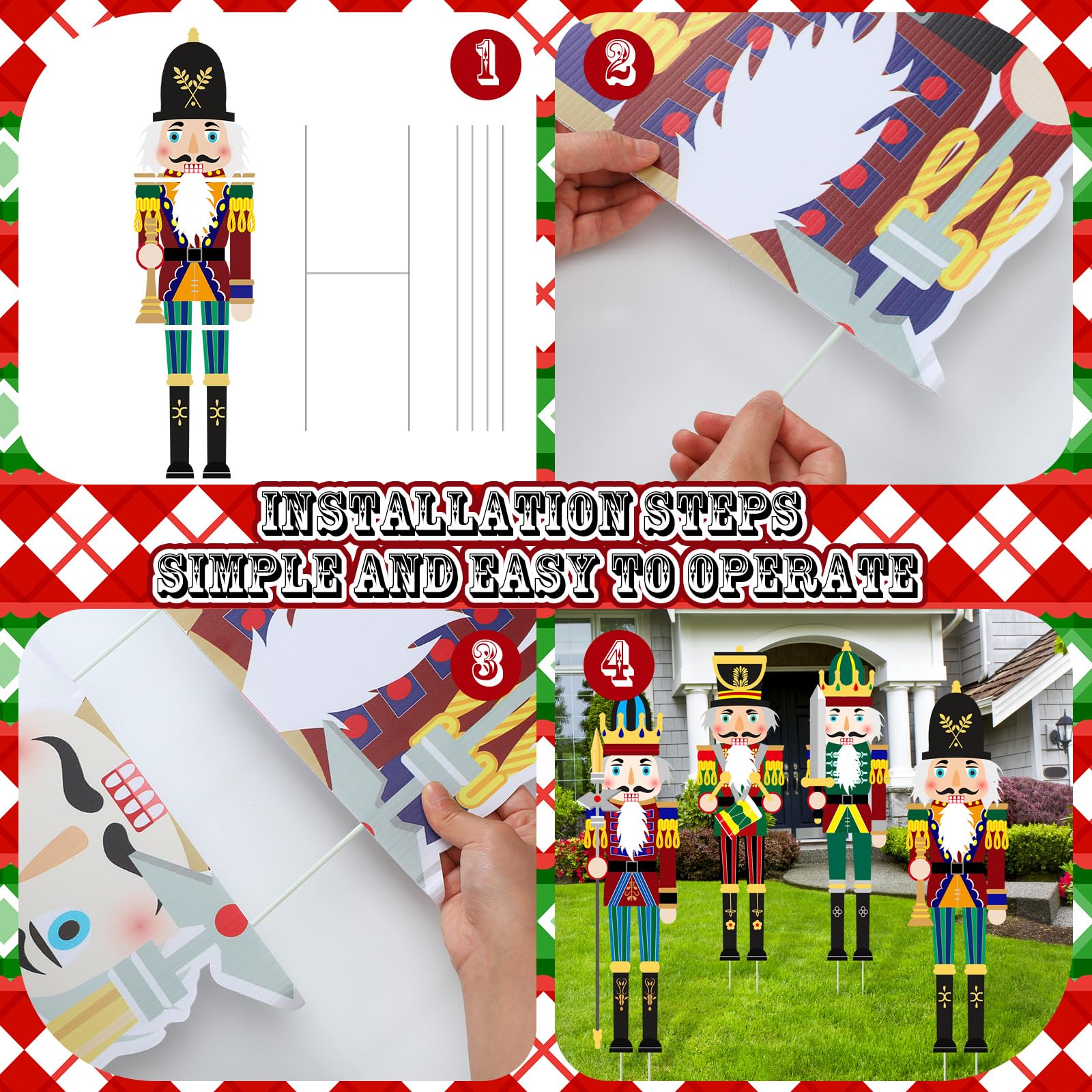 Soaoo Lot de 4 Panneaux de Noël Casse-Noisette avec Grands piquets pour décoration de Cour de Noël, décoration de Noël pour extérieur, pelouse, Porche