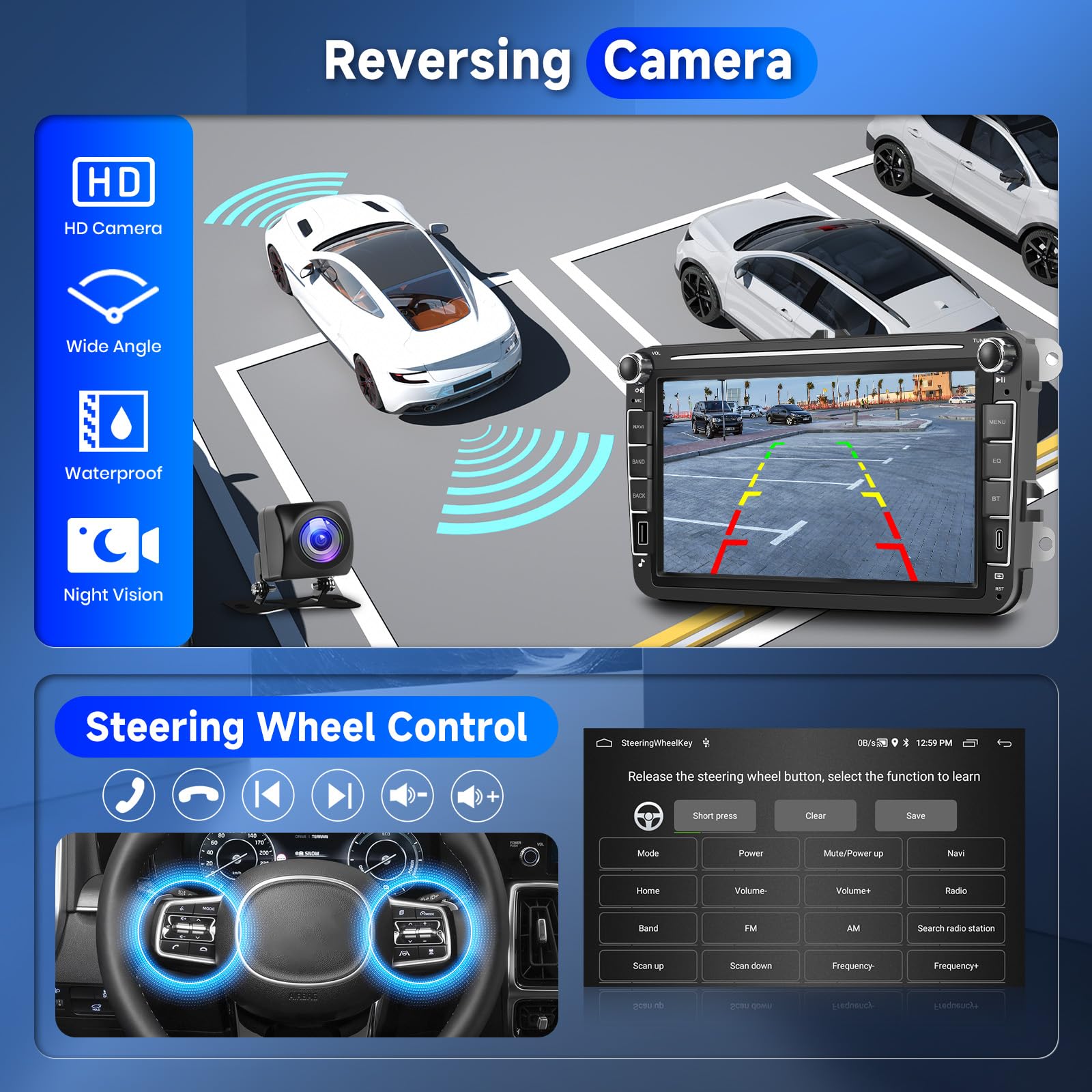 【2+64G】 Carplay Autoradio pour VW Passat Golf Seat Altea Skoda Octavia avec USB/Type-C,Android Poste Radio Voiture,8 Pouce Touchsreen avec Android Auto/WiFi/GPS/RDS/FM/Bluetooth/USB+Camera de Recul